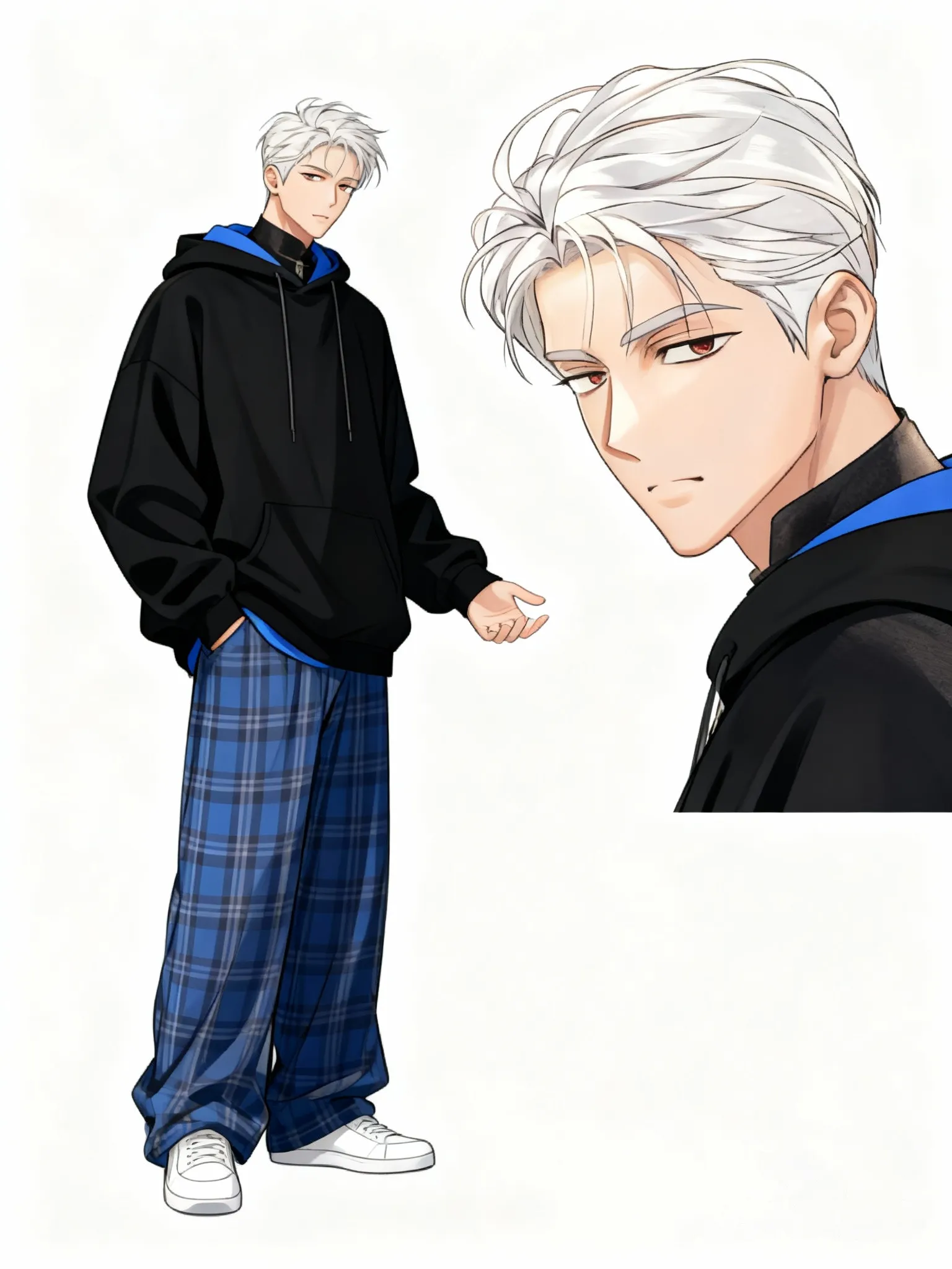 Create a Korean manhwa-style character sheet of a young man with messy hair and glasses. Show two views on a clean white background: A full-body view of him standing casually, one hand in his pocket and the other slightly raised, wearing an oversized black hoodie with blue inner lining, loose blue plaid pants, and white sneakers. A close-up side portrait of the same character, highlighting his sharp eyes, slightly tired expression, and tousled hair colour will change according to the inserted picture . Art style: clean thin line-art, soft flat colors, minimal shading, modern webtoon/manhwa aesthetic. Keep a simple, calm mood with a character reference-sheet layout
