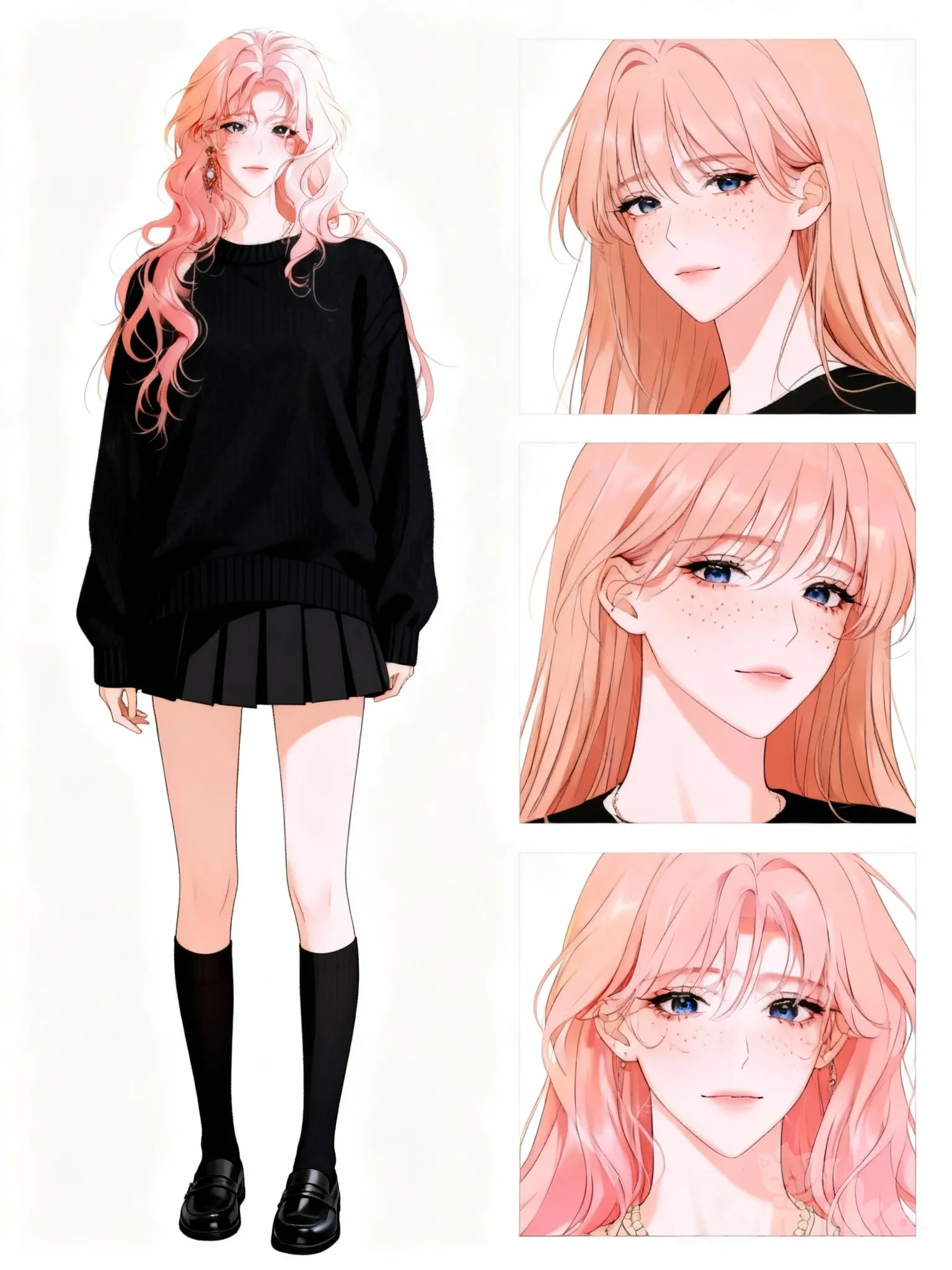 Create a Korean manhwa/anime-style character sheet of a young woman on a clean light background. Show three views of the same character.
Left: full-body view standing casually, wearing a black long-sleeve sweater, short black pleated skirt, black knee-high socks, and black loafers.
Right top and bottom: close-up portraits from different angles highlighting her long hair soft freckles across the nose and cheeks, and a calm, slightly aloof expression.
Art style: clean thin line-art, soft flat colors, gentle shading, modern webtoon/anime character reference aesthetic, minimal background.