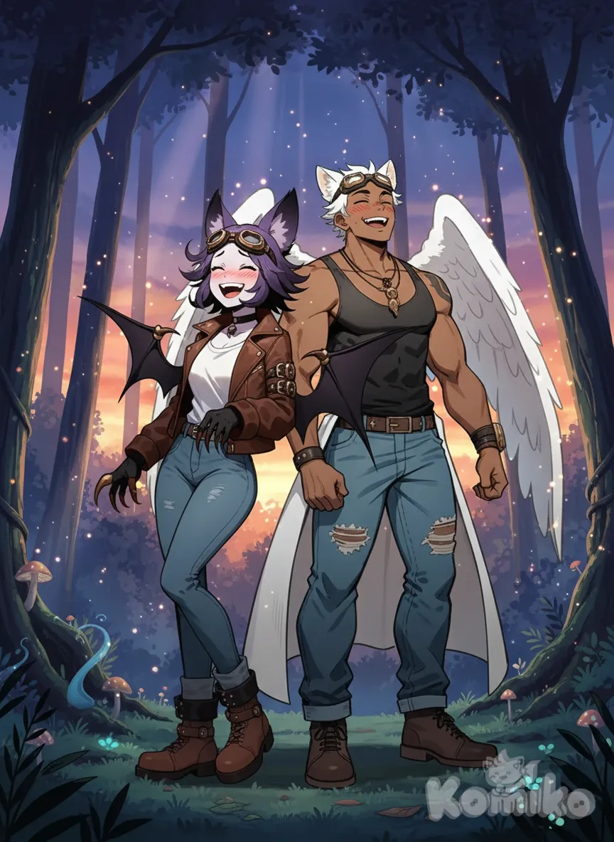 <angel-shadow-RtTs>, <ghost-joke-zwlw>, anime screencap, back to back, smile, laughing, one eye closed, blush, forest, twilight, sparkle, full body