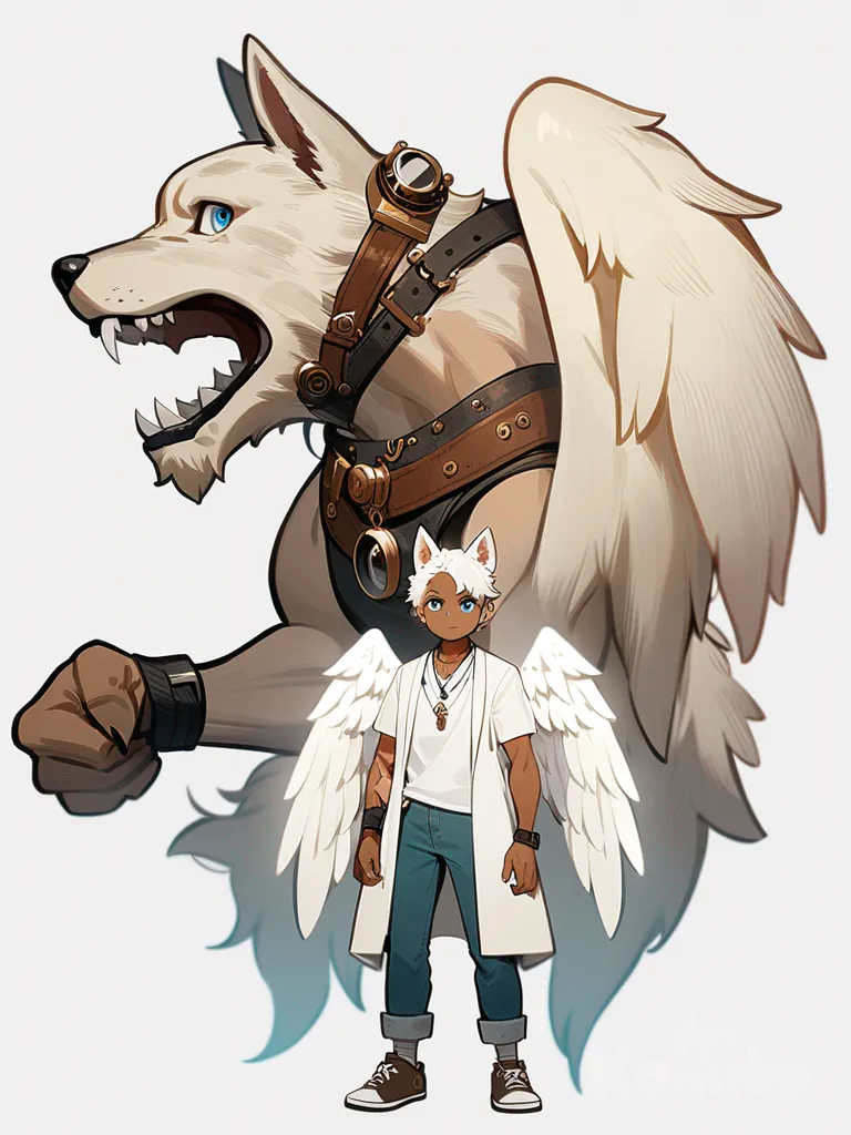 1boy, Studio Ghibli style, teenager, tall, muscular, athletic, white hair, blue eyes, scar, tattoo, tan skin, vest, t-shirt, lab coat, jeans, angel wings, steampunk goggles, necklace, wolf ears, single character, full body, looking at viewer, simple background, white background