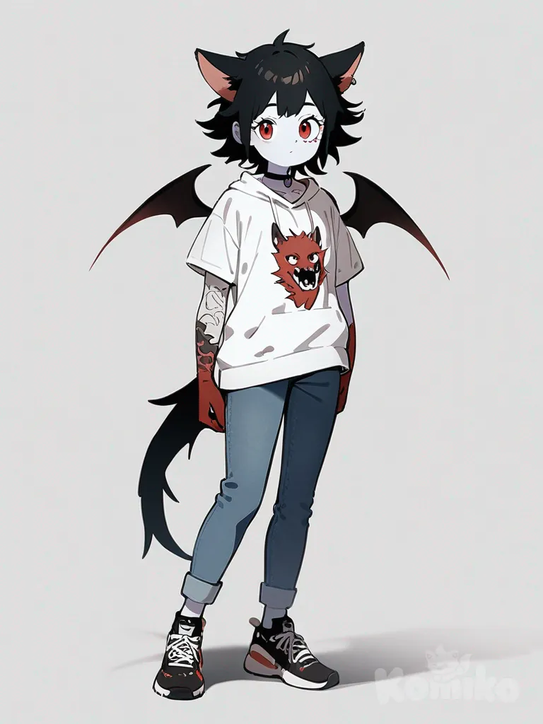 1girl, Studio Ghibli style, teenager, short, slim, black hair, spiky hair, red eyes, scar, tattoo, pale skin, t-shirt, hoodie, jeans, wolf ears, demon wings, choker, claws, single character, full body, looking at viewer, simple background, white background