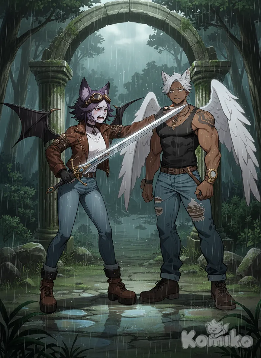 <angel-shadow-RtTs>, frown, angry crying holding sword against, <ghost-joke-zwlw> throat, anime screencap, full body, forest, rainy, ruins