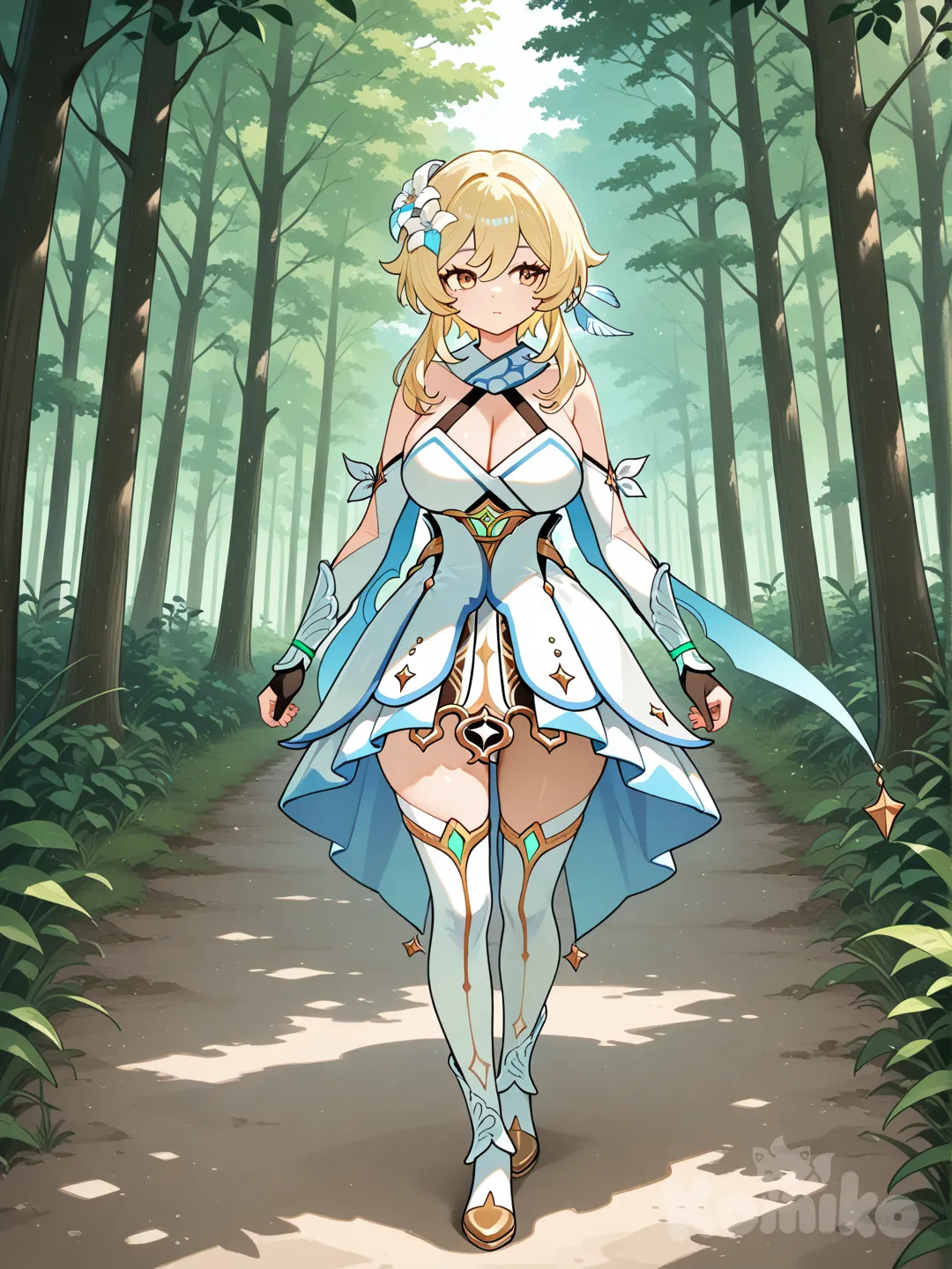 @Lumine_(Genshin_Impact), forest
Lumine with huge breasts and wide hips, exploring a forest