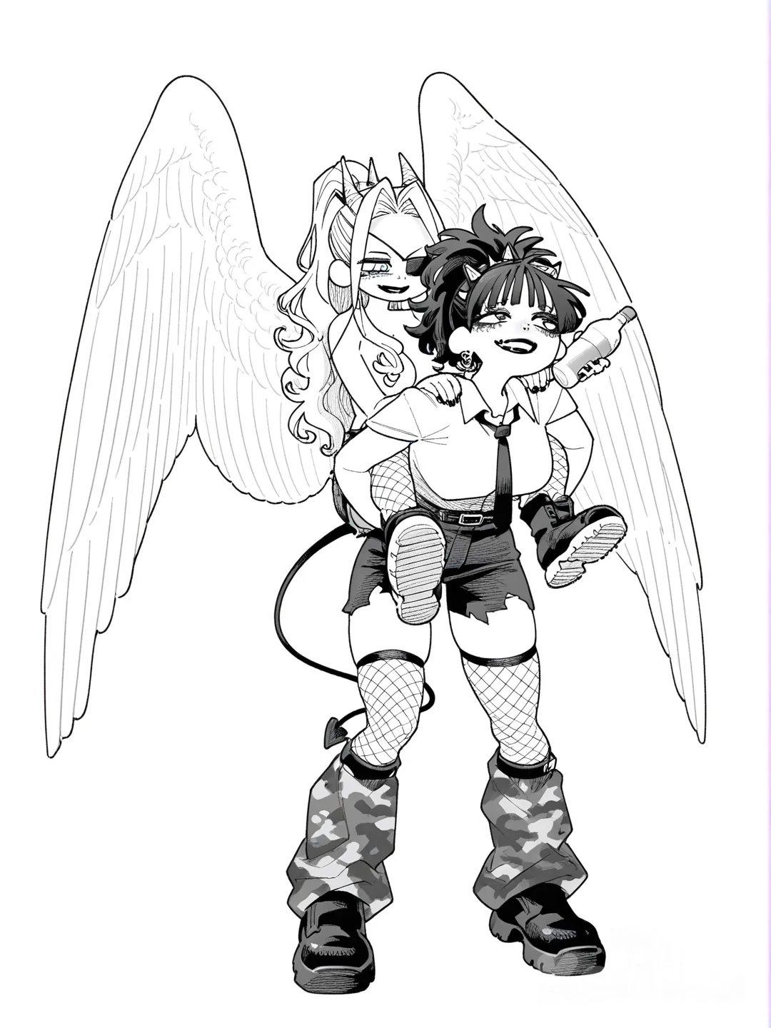 2girls, piggyback, laughing, [grayscale-manga-style], @lute-qh3k, @morgana-v2-6tYf