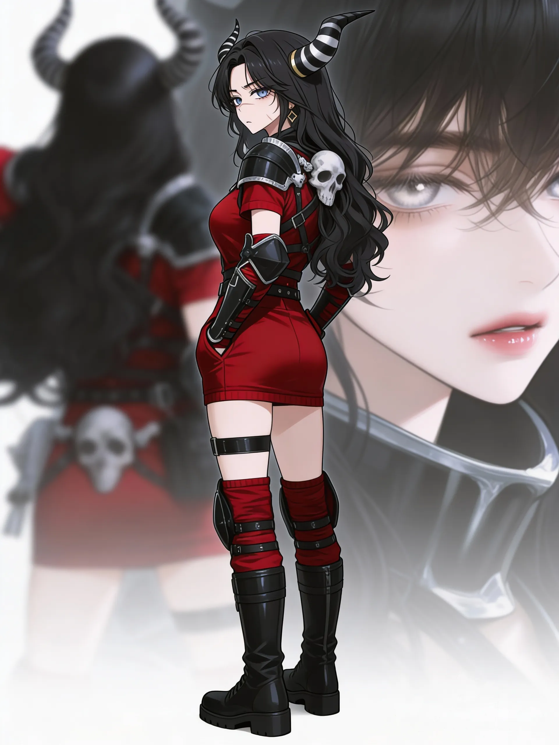 @morgana-v2-6tYf, [semi-realistic-portrait-style], hands in pockets, expressionless, disappointed, full body, looking away, Morgana in background, zoomed in background, back facing viewer, blurred background, replace girl in reference with Morgana