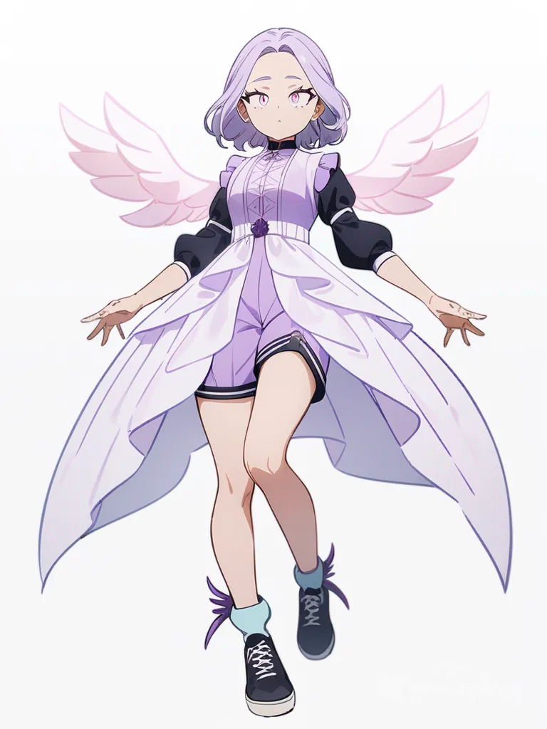 1girl, light purple hair, My Hero Academia style, possesses all powers, wearing a puffy sleeve that matches her shorts, her outfit is lilac, her skin is light, baby blue and baby pink eyes, single character, full body, looking at viewer, anime style, simple background, white background
