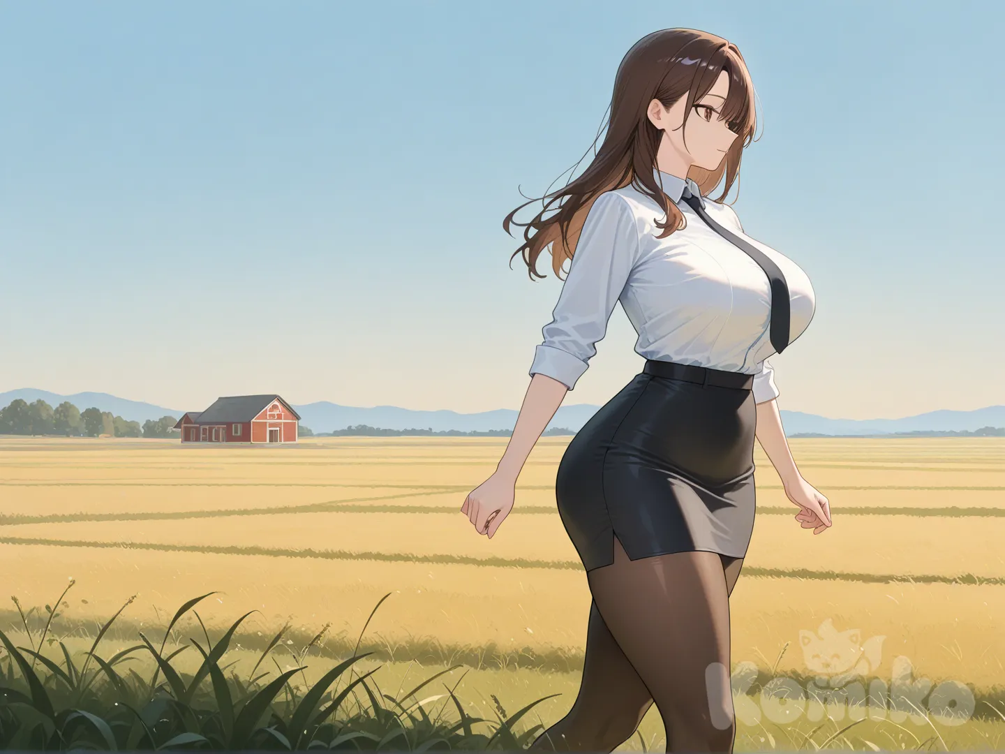 brown hair, large breasts, curvy and young, teacher, teacher wearing, teacher clothes, [glossy-anime-style], not naked, young woman, 18 years old girl, walking, walking to a stable on the horizont