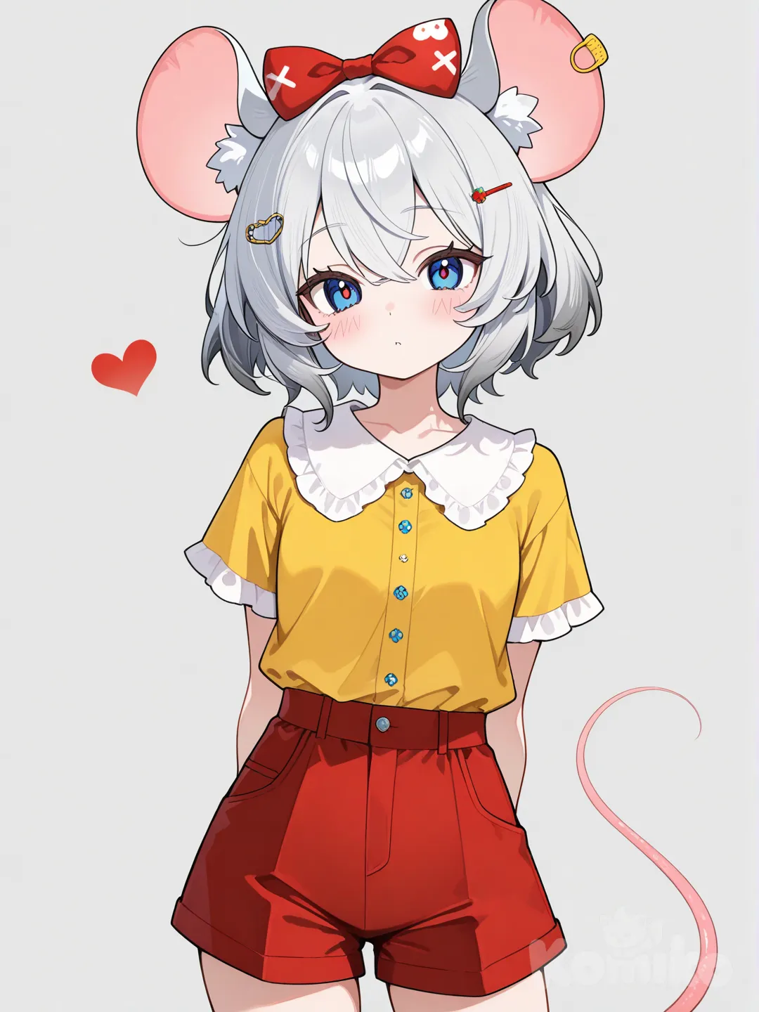 White mouse, blush, red bow in hair, blue eyes, red shorts, yellow blouse