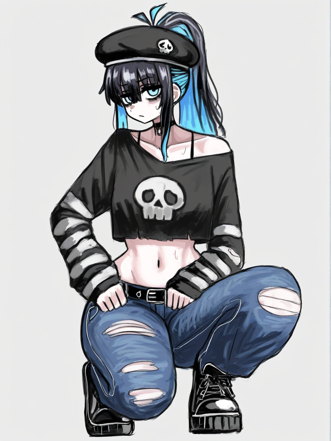 [sketchy-painterly-style] 1girl, cute, emo, teenager, curvy, slim, tall, ponytail, black_hair, long_hair, blue_eyes, fair_skin, navy_blue_crop_top, ripped_dark_blue_jeans, choker, beret, single character, full body, looking at viewer, anime style, simple background, white background