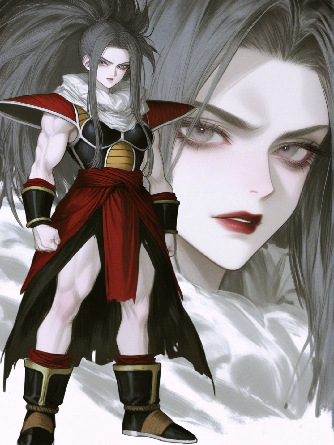 [semi-realistic-portrait-style] 1girl, fusion of raditz and vados, raditz hairstyle, mature, muscular, grey hair, grey eyes, pale skin, dragon ball style, single character, full body, looking at viewer, anime style, simple background, white background