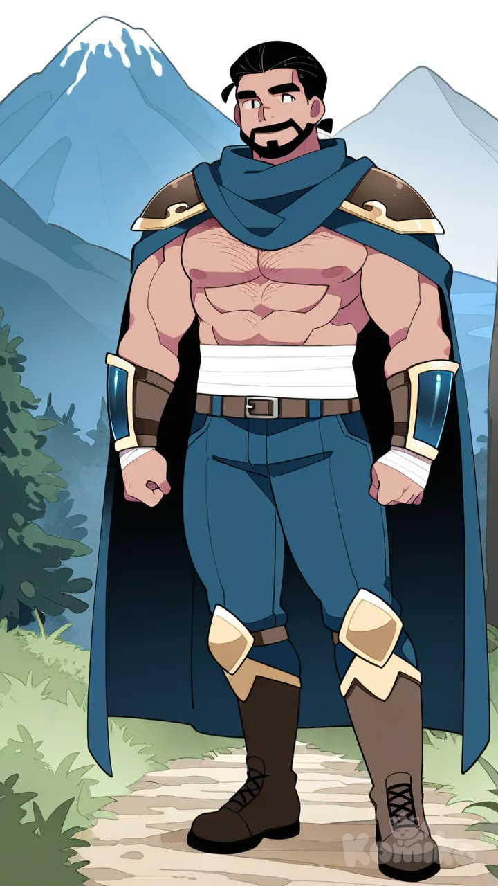 muscular, hairy, hunk, bodybuilder, beard, masculine, bara, bulging muscles, thick thighs, broad shoulders, strong, dominant, mature, rugged, facial hair, body hair, beefy, macho, toned, powerful, defined, athletic, handsome, attractive, hammer (sunset beach), full body, black hair, mountain, forest, anime coloring, smile, lineart, tight pants, arm guards, combat boots, cloak, Stomach bandages, bohemian shirt, long hair, Shoulder pads, legs guards