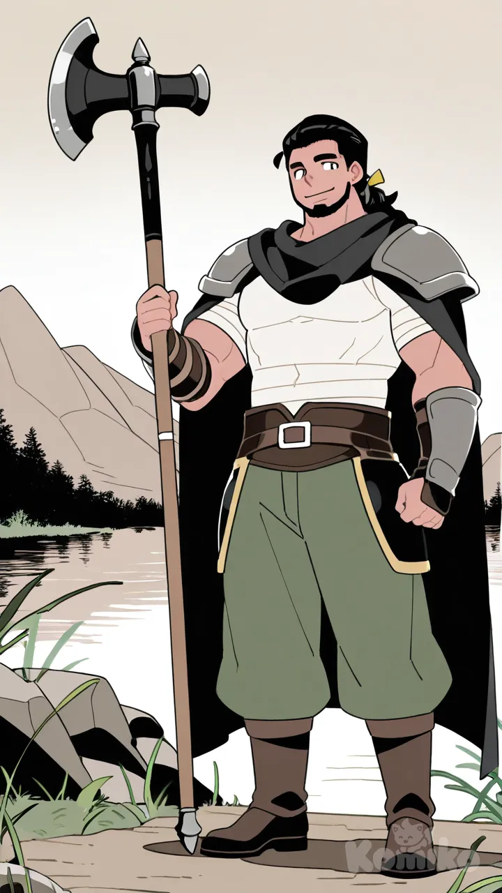 muscular, hairy, hunk, bodybuilder, beard, masculine, bara, bulging muscles, thick thighs, broad shoulders, strong, dominant, mature, rugged, facial hair, body hair, beefy, macho, toned, powerful, defined, athletic, handsome, attractive, hammer (sunset beach), full body, black hair, mountain, smile, lineart, arm guards, combat boots, cloak, Stomach bandages, bohemian shirt, long hair, Shoulder pads, legs guards, ruins, lake, field, Medieval trousers, hair between eyes, harem pants, slicked-back hair