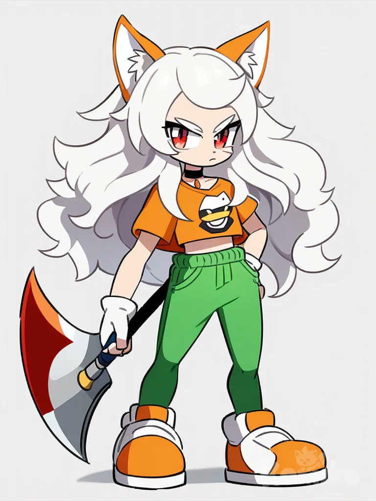 1girl, original character, Sonic the Hedgehog, anthropomorphic animal, teenager, tall, white hair, long wavy hair, red eyes, scar across eye, fair skin, orange long-sleeve crop-top, neon green shorts, choker, wolf ears, giant axe, single character, full body, looking at viewer, anime style, simple background, white background