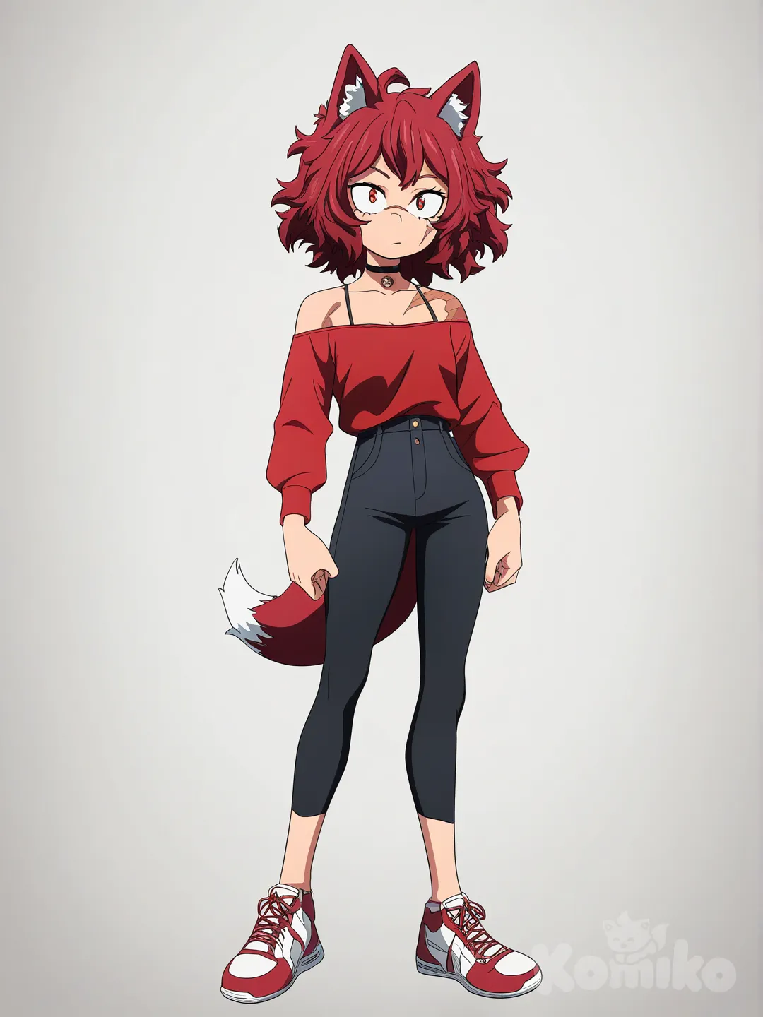 [bright-anime-style] 1girl, sonic_the_hedgehog_(series), my_hero_academia, anthropomorphic, fox_ears, fox_tail, teenager, tall, black_hair, red_hair, short_hair, wavy_hair, red_eyes, scar, tan_skin, off-shoulder, red_top, capri_pants, choker, clawed_left_hand, single character, full body, looking at viewer, anime style, simple background, white background