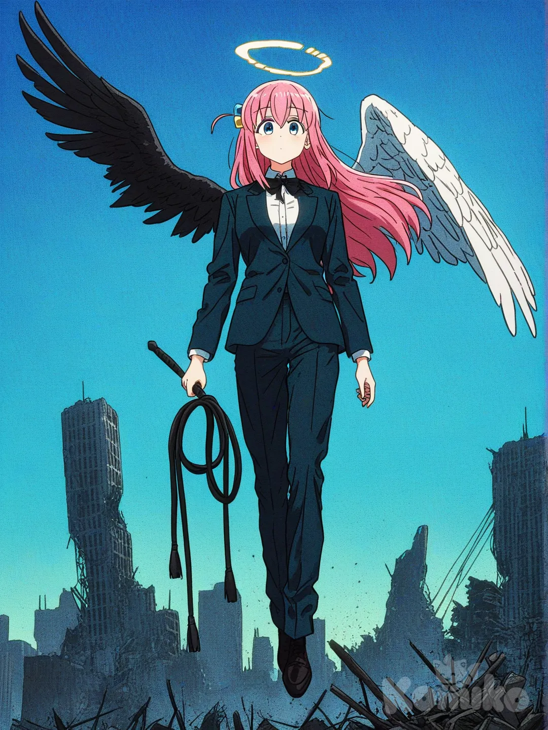 1girl, blackwhiplash, angel wing white (half), angel wing black skin (half), levitating, single character, full body, looking at viewer, formal suit, [action-manga-style], gotoh hitori, bocchi the rock!, destruction, destroyer city