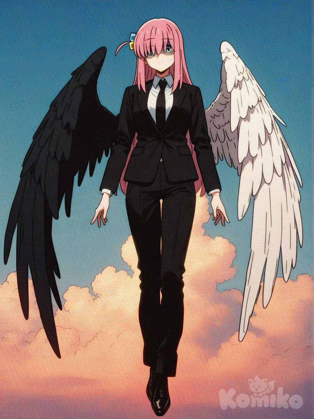 1girl, blackwhiplash, angel wing white (half), angel wing black skin (half), levitating, single character, full body, looking at viewer, formal suit, [action-manga-style], blue sky, gotoh hitori, bocchi the rock!