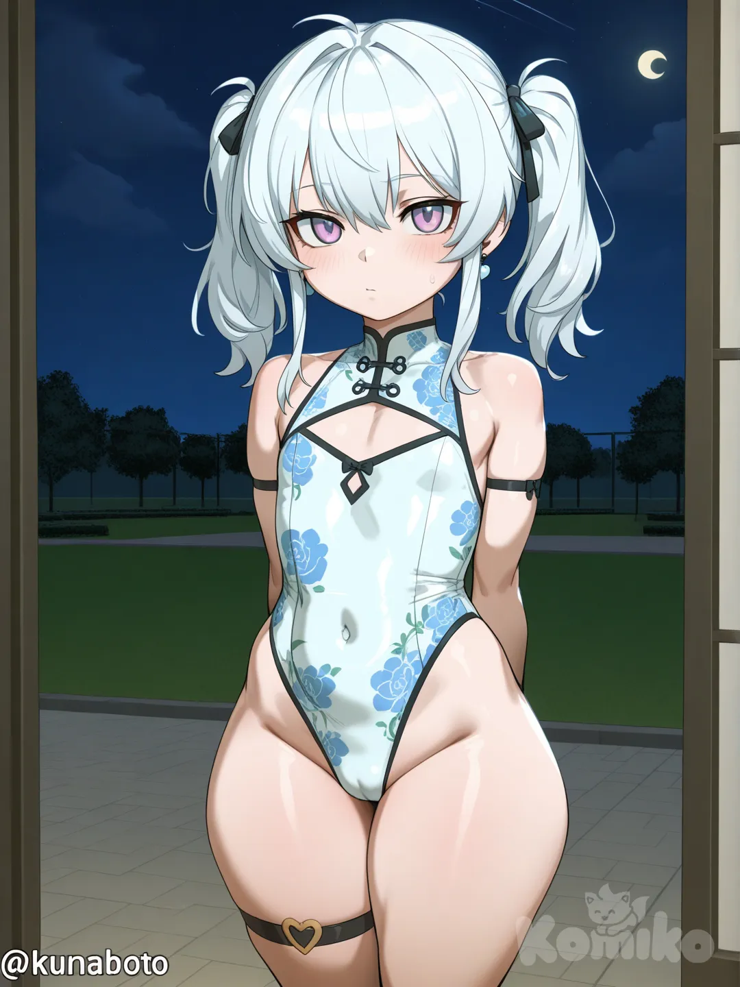 Loli, twintails, white hair, by kunaboto, park, night, huge ass, enormous hips, cintura enorme, flat chest, shortstack, Livingroom, looking from the front, huge thigs, licra floreada