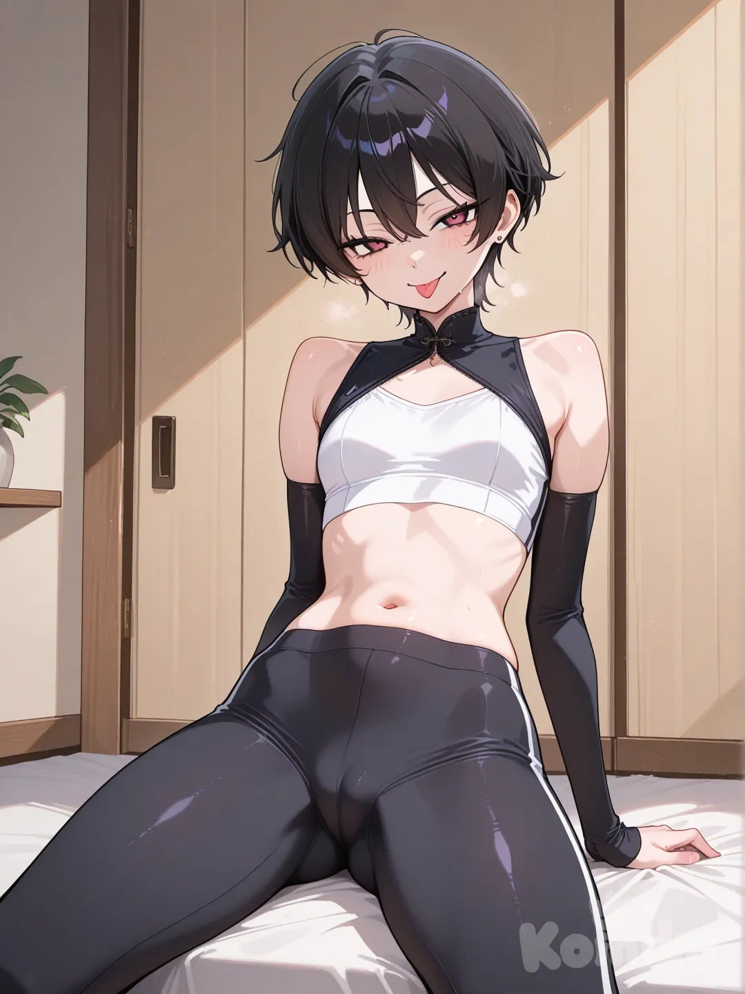 1girl, short black hair, skinny, asian, room, leggings adjusted, crop top, cameltoe, naughty face, tongue out