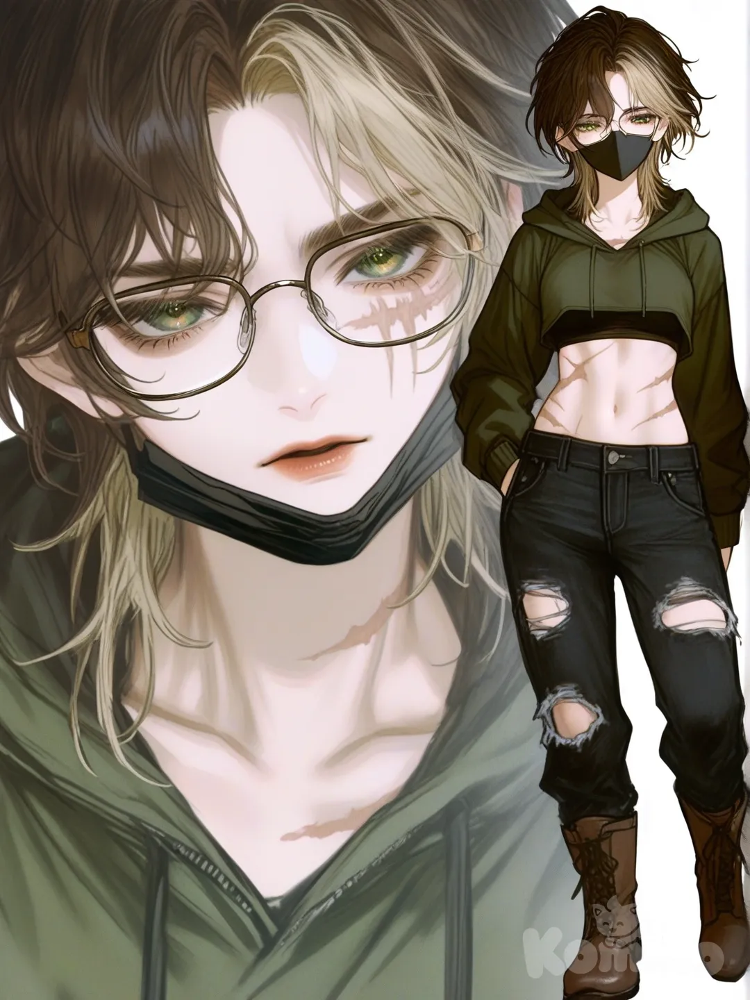 [semi-realistic-portrait-style] 1girl, solo, teenager, feminine, tall, tan skin, green eyes, streaked hair, brown hair, blonde hair, scar, full body scars, facial scar, black long sleeves, green crop top hoodie, black ripped jeans, brown boots, glasses, black mouth mask, single character, full body, looking at viewer, anime style, simple background, white background