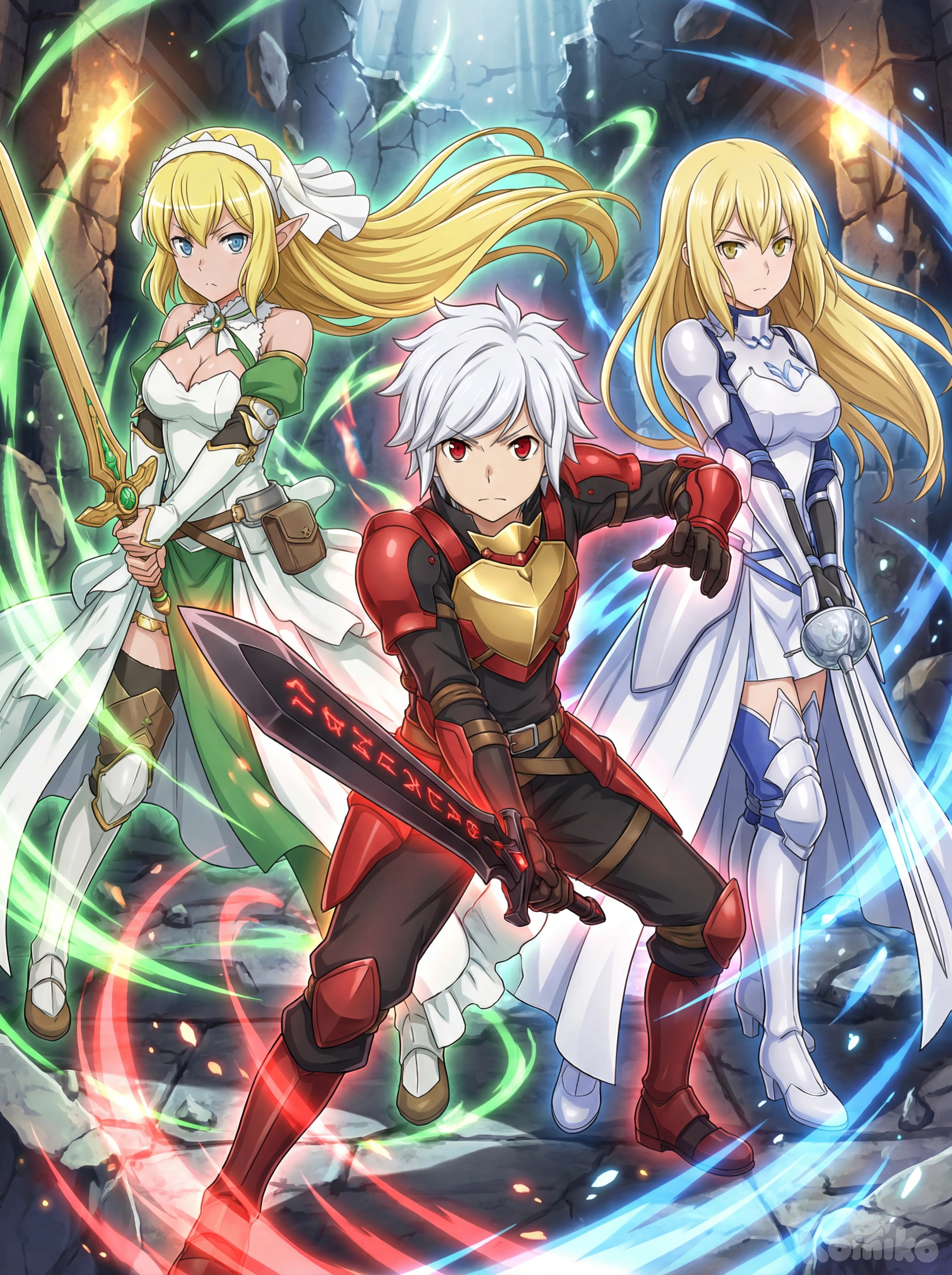 Based on the anime art style, he created three characters. The first, a male version of Bell Cranel (Danmachi), features short white hair, red eyes, and wears red and black heroic attire with gold accents. He has a gold chest plate and wields a medium-length, jet-black sword engraved with red runes. The second character is Ryu Lion (Danmachi), with long, flowing golden-blond hair, sky-blue eyes, pointed ears, a hairband, and a white ribbon. She wears a white wedding dress with green accents as her adventurer's outfit and wields a fine-edged, golden wooden sword made from a sacred tree with a green jewel in the center. The third character is Ais Wallenstein, with golden-blond hair and golden eyes, wearing a white wedding dress with blue accents as her adventurer's outfit and wielding her signature rapier. All three pose in epic stances, creating a dynamic and dramatic scene.