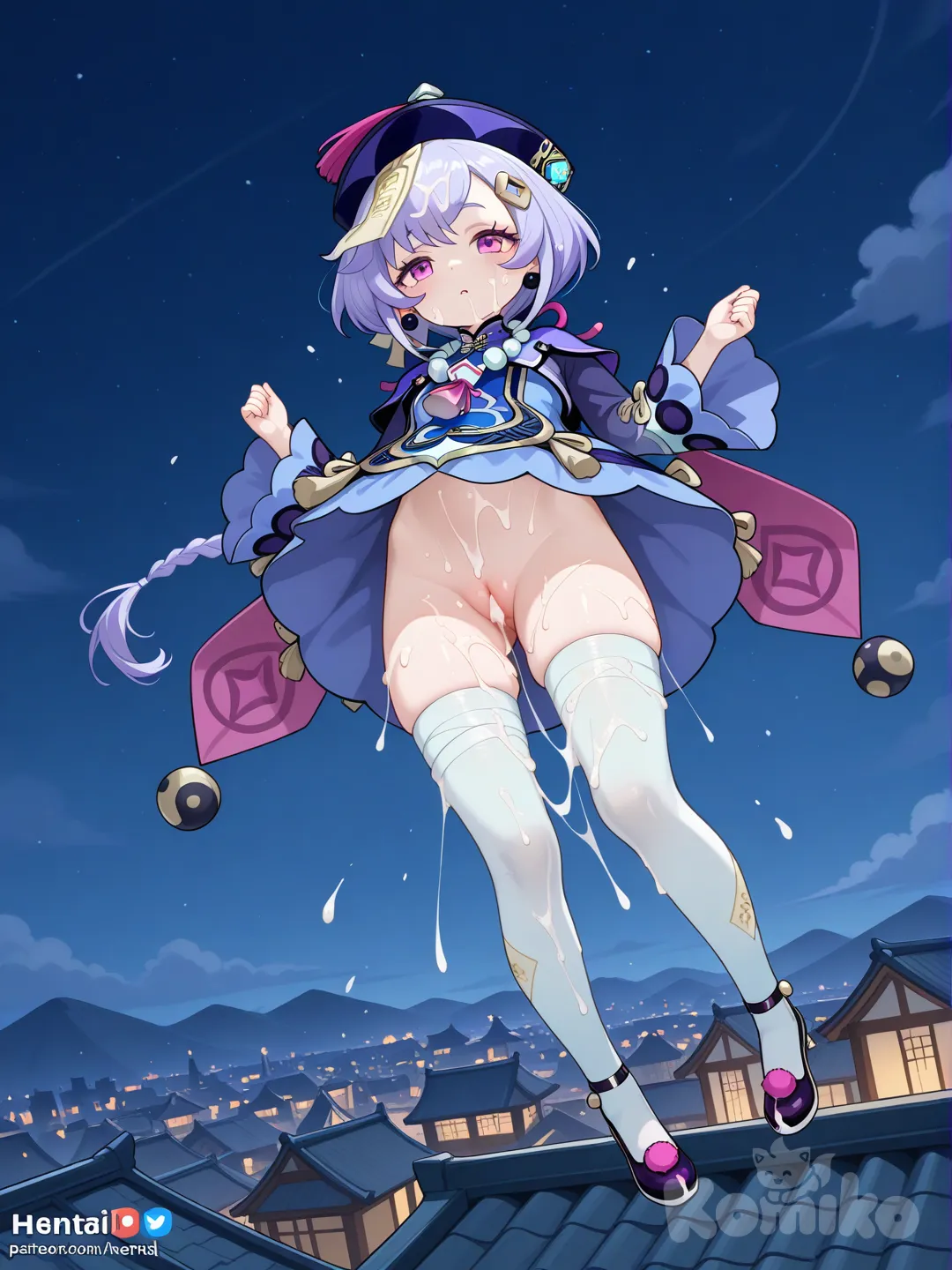 Hentai, @Qiqi_(Genshin_Impact), jumping from rooftop, cum in all