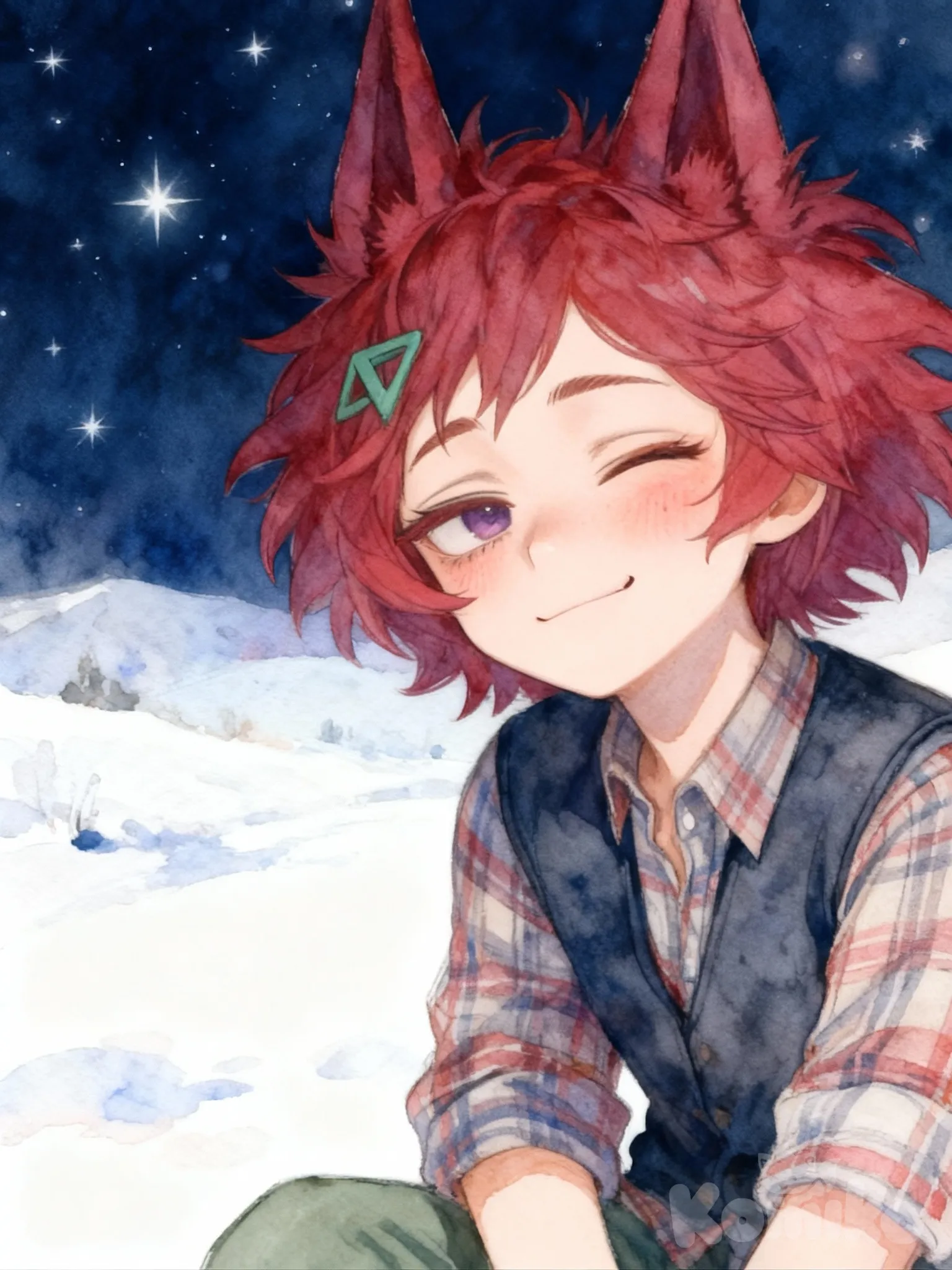 @dikui-plasmashi-CUDo, [watercolor-illustration-style], blush, one eye closed, smirk, plaid shirt, vest, snowy, starry sky, night, full body