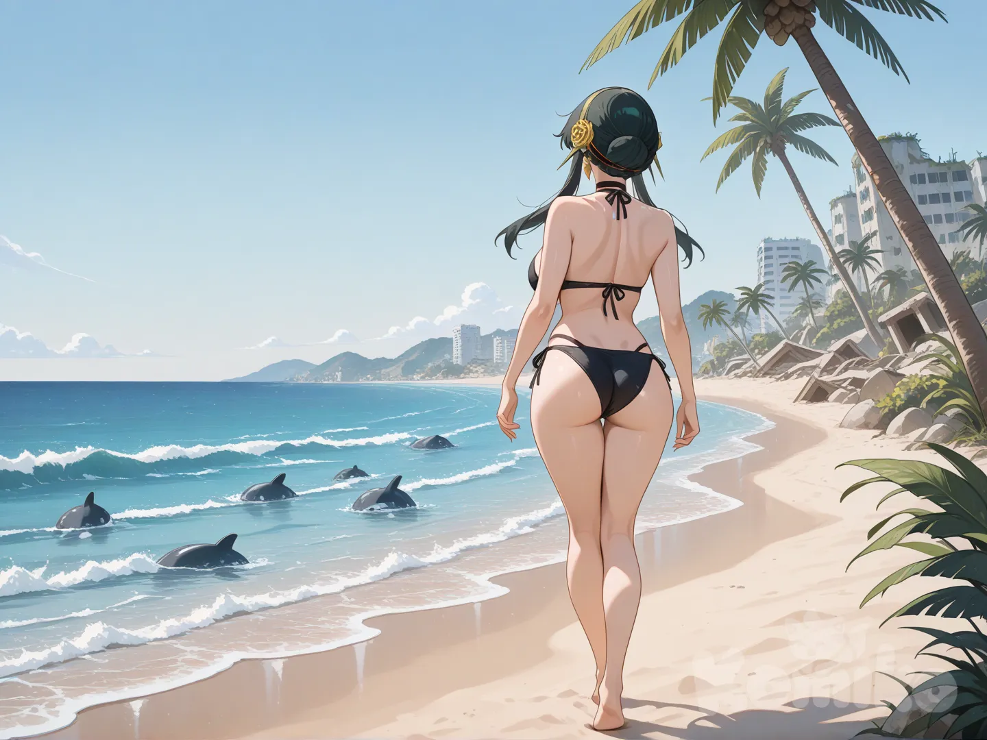 1 girl, woman, provocative pose, sensual expression, wearing a two-piece bikini, perfect breasts, soft colors, dramatic lighting, sensual art, superior quality, @Yor_Briar, @Yor_Briar lying on her back, sunbathing, @Yor_Briar walks towards the sea, she sees a group of bottlenose dolphins swimming in the distance, distant view, view from behind, idyllic beach setting, blue sea and landscape of plants, in the distance a city that appears to be in ruins, full-length shot of the characters, espionage x family