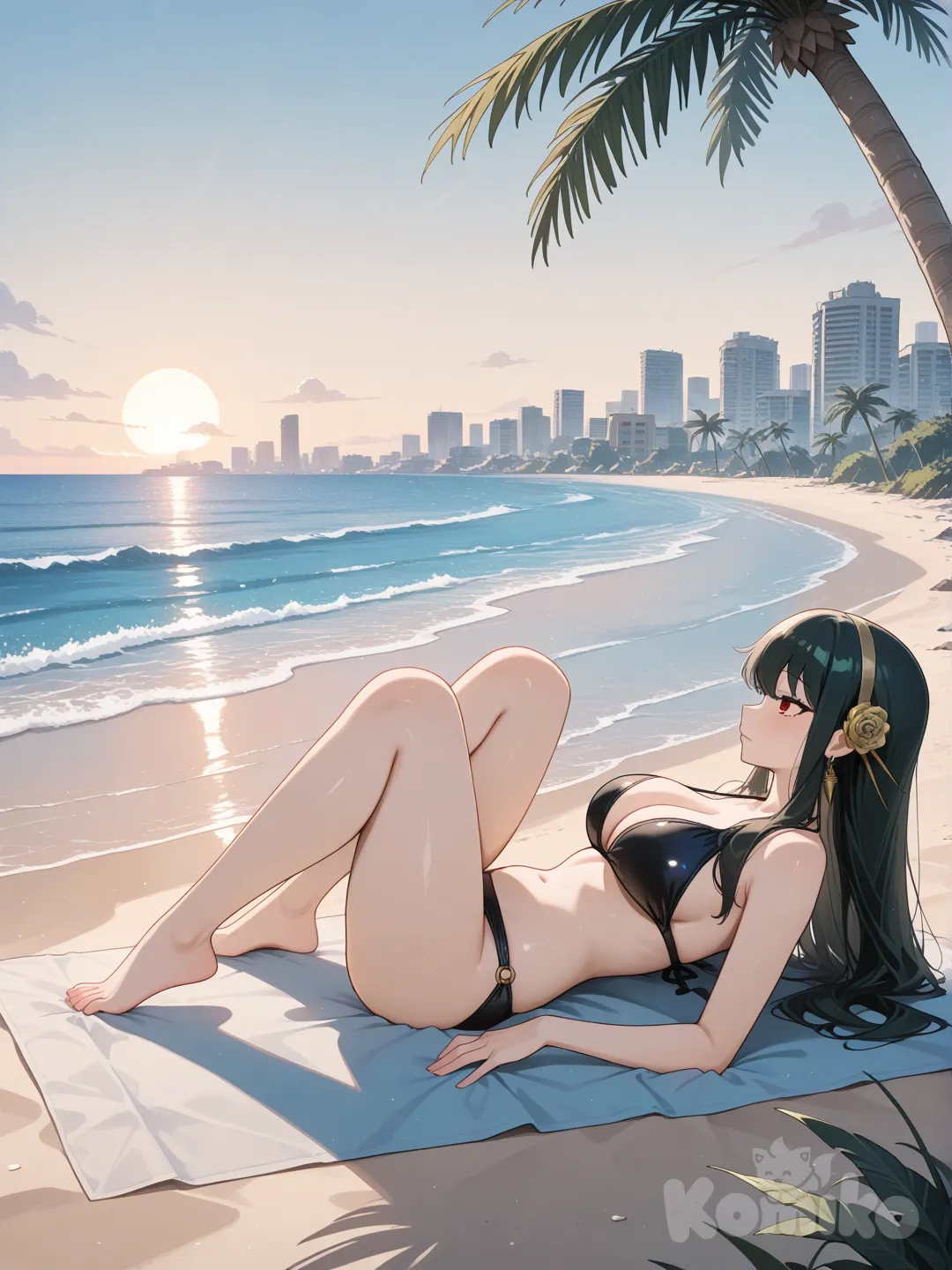 1 girl, woman, provocative pose, sensual expression, wearing a two-piece bikini, perfect breasts, soft colors, dramatic lighting, sensual art, superior quality, ultra-@Yor_Briar, @Yor_Briar lying on her back, sunbathing, distant view, side view, idyllic beach setting, blue sea and plant landscape, in the distance a city that appears to be in ruins, full-length shot of the characters, family espionage