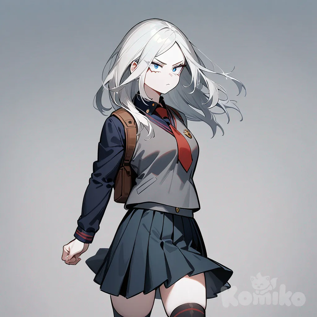 1 chica, My hero academia, cabello blanco lacio hasta la espalda, ojos rasgados azules, expresión seria, buen físico, piel palida, uniforme de la UA, falda plisada Verde oscuro, chaleco escolar gris manga larga, corbata roja, calcetines hasta la rodilla negras, zapatos marrones