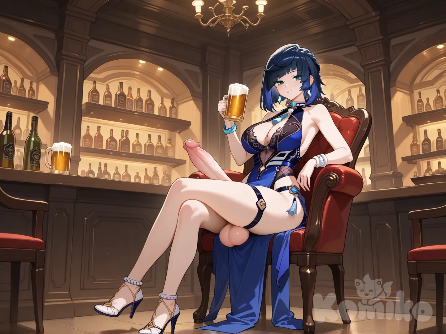 Futanari, full body, tall and slim, very revealing light blue dress, high heels, penis ring, giant penis, huge testicles, nighttime, party, open bar, sitting in a chair, drinking beer, relaxed facial expression @Yelan_(Genshin_Impact), Big penis, Big testícles