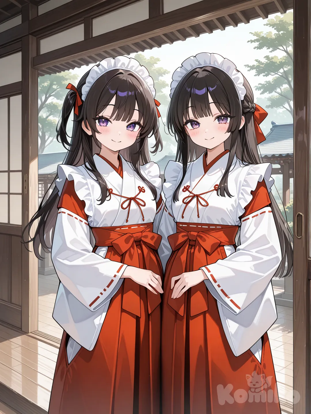 2girls, 2people, one girl wearing maid clothes and another one wearing miko clothes