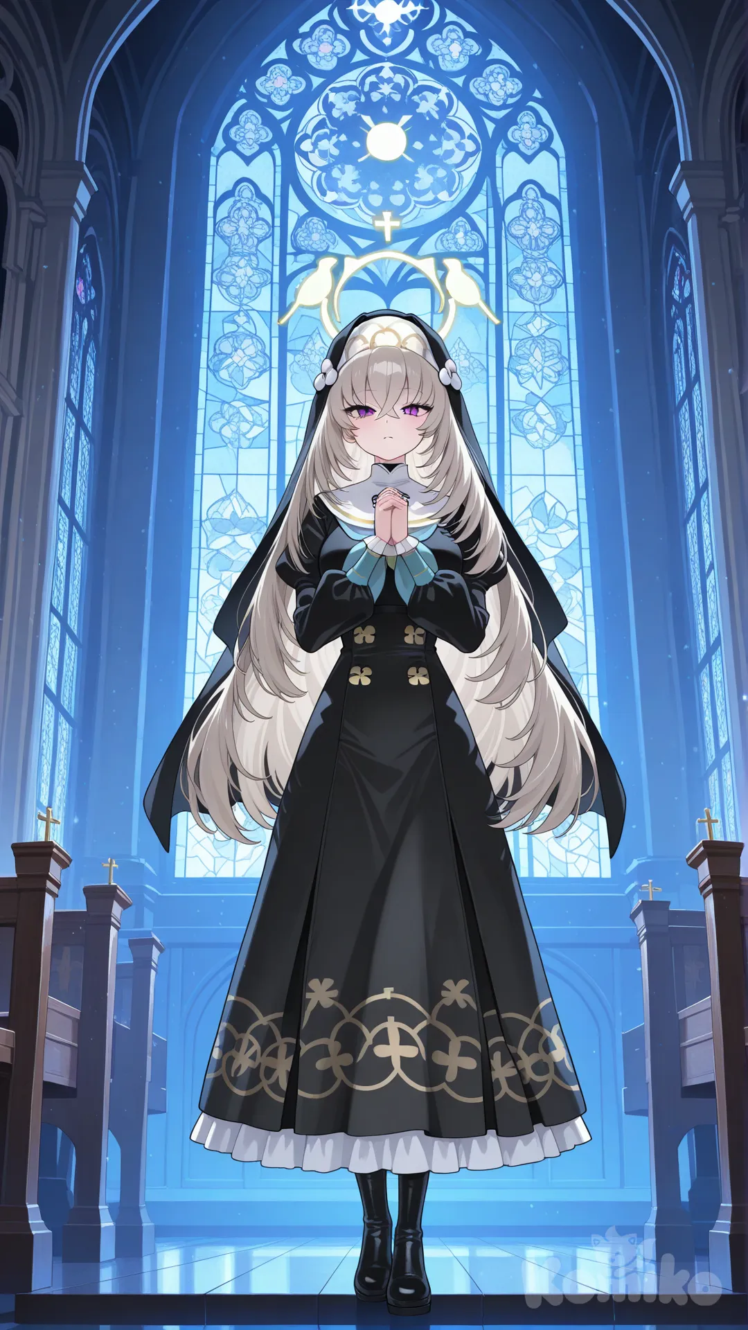 sakurako (blue archive), full body, tall female, better light, praying, night conditions, church