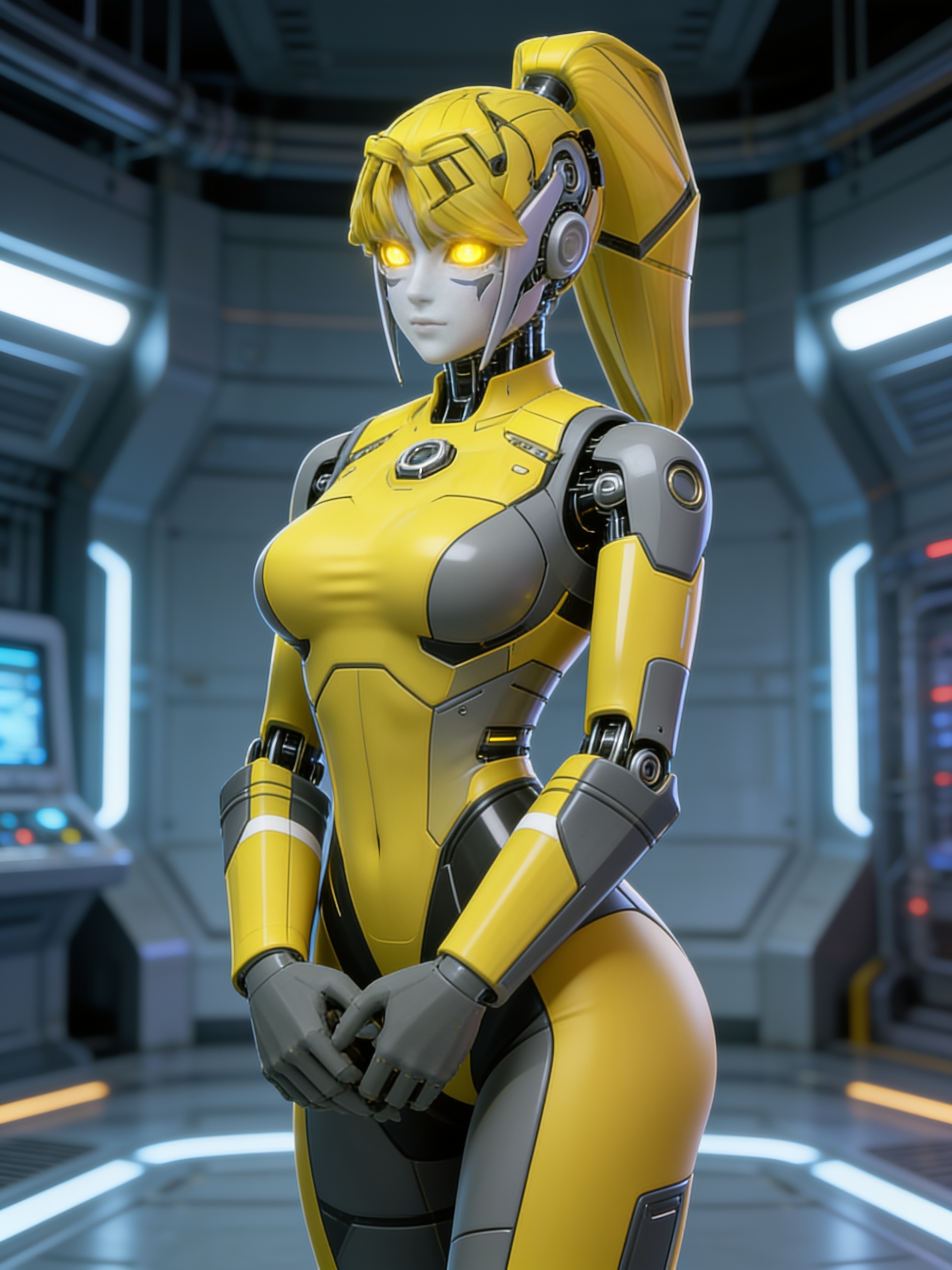[90s-shojo-style], 1girl, robot girl, android, mature, ponytail, mechanical hair, curvy, athletic, pale skin, yellow eyes, scifi