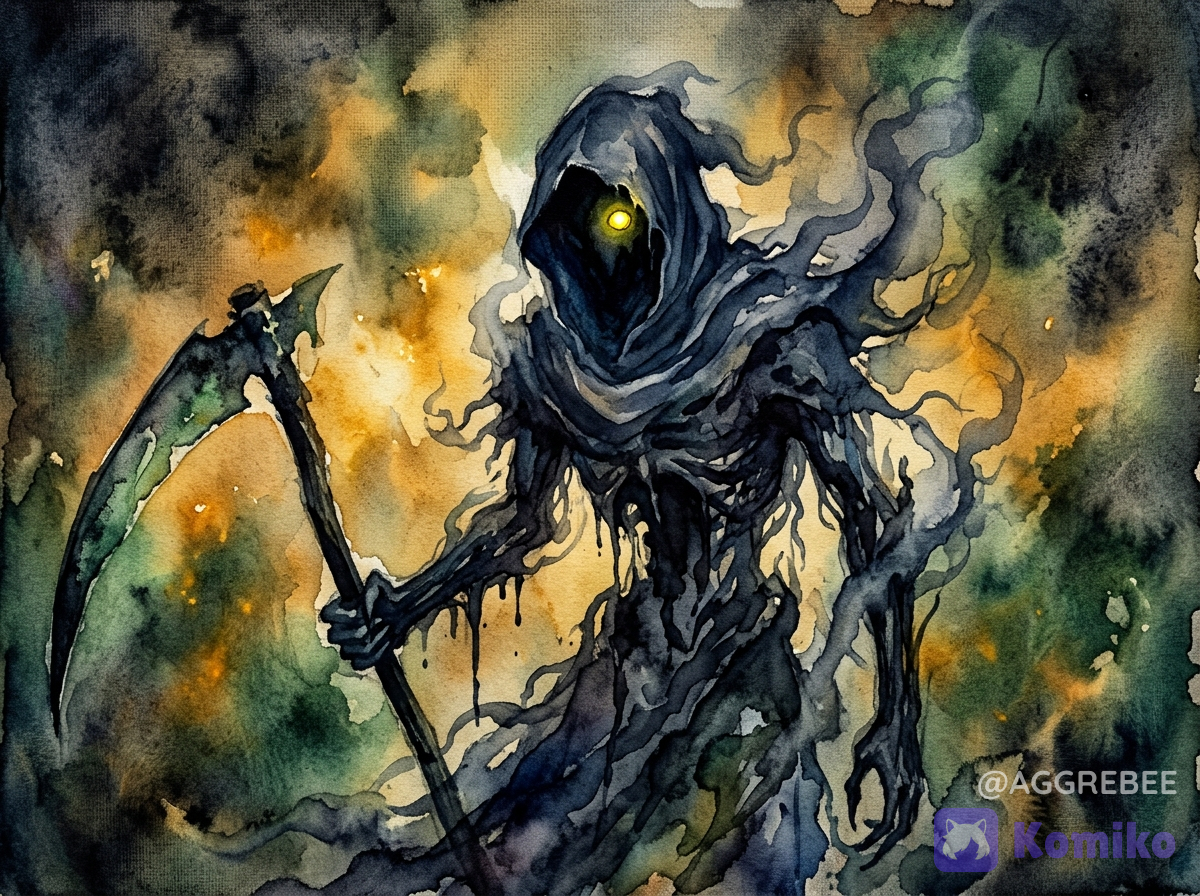 An abstract watercolor painting with heavy canvas texture of straight-on close up surreal dark fantasy creature art of a terrifying silhouette spirit of night made of smoke and liquid shadow. It's head is hooded with an obscured darkened face and one glowing yellow eye, its body thin, with dark ichor-like skin, covered in smoke-like robe. It's holding a large scythe in one hand. Glowing yellow mist background, murky green highlights. Dark fantasy, haunting, high contrast light and dark, atmospheric cosmic horror art style.