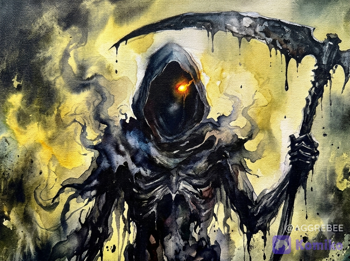 An abstract watercolor painting with heavy canvas texture of straight-on close up surreal dark fantasy creature art of a terrifying silhouette spirit of night made of smoke and liquid shadow. It's head is hooded with an obscured darkened face and one glowing yellow eye, its body thin, with dark ichor-like skin, covered in smoke-like robe. It's holding a large scythe in one hand. Glowing yellow mist background, murky green highlights. Dark fantasy, haunting, high contrast light and dark, atmospheric cosmic horror art style.