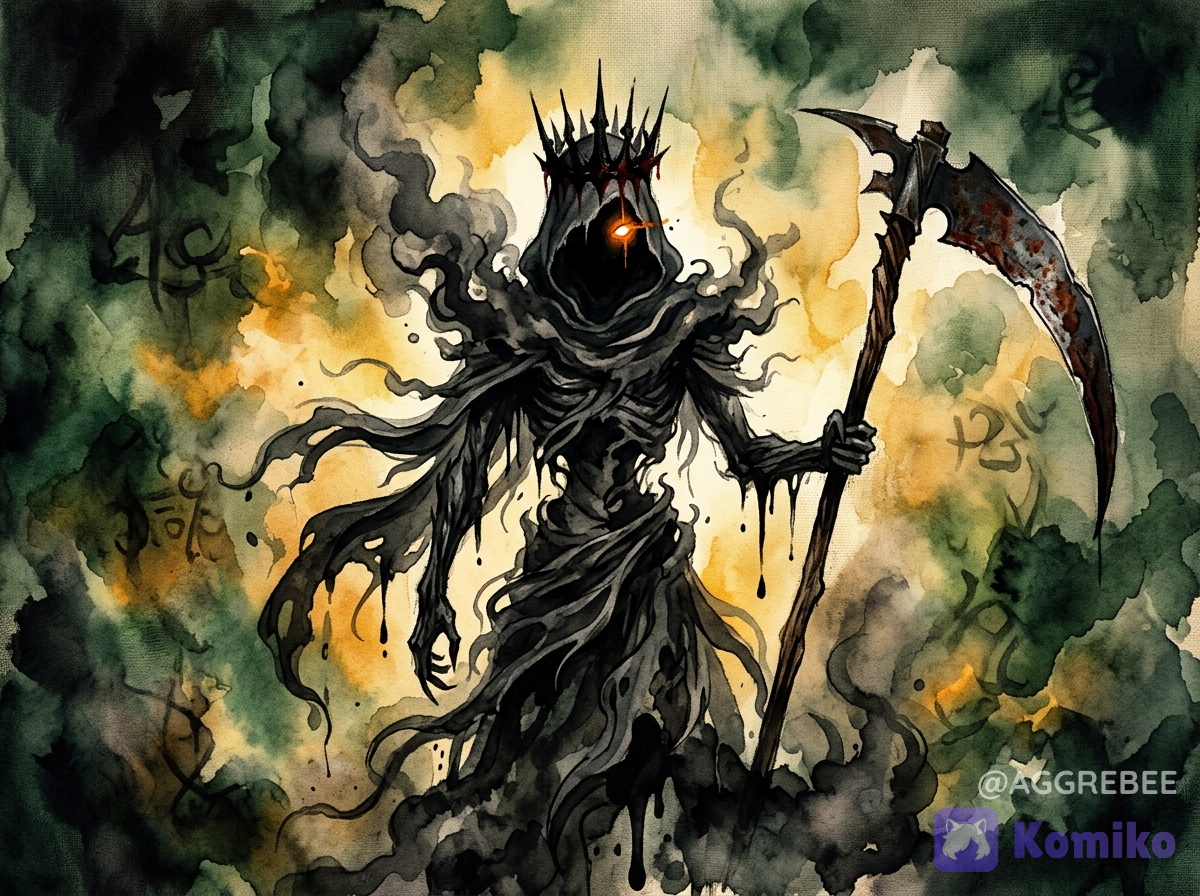 An abstract watercolor painting with heavy canvas texture of straight-on surreal dark fantasy creature art of a terrifying silhouette spirit of night made of smoke and liquid shadow. It's head is hooded with black crown, with an obscured darkened face and one glowing orange eye, its body thin, with dark ichor-like skin, covered in smoke-like robe. It's holding a large rusted scythe in one hand. Glowing yellow mist background, murky green highlights. Dark fantasy, haunting, high contrast light and dark, atmospheric cosmic horror art style.