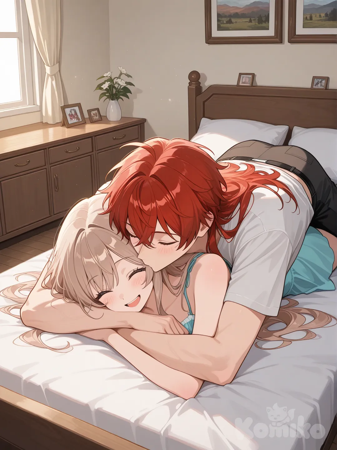 A joyful couple is in a bright, modern bedroom. The woman, with long red hair, is laughing and playfully lying on her stomach on the bed, while the man, with light brown hair, leans over and playfully kisses her back. The room features wooden floors, a white bedspread, and a hint of a kitchen area in the background, creating a cozy and intimate atmosphere.