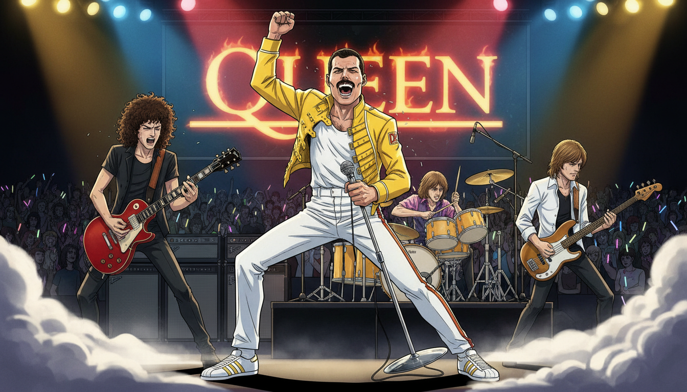 Freddie Mercury wearing his iconic yellow jacket, while pants and white Adidas shoes screaming in his signature microphone and half stand. Behind him is the rest of the Queen band