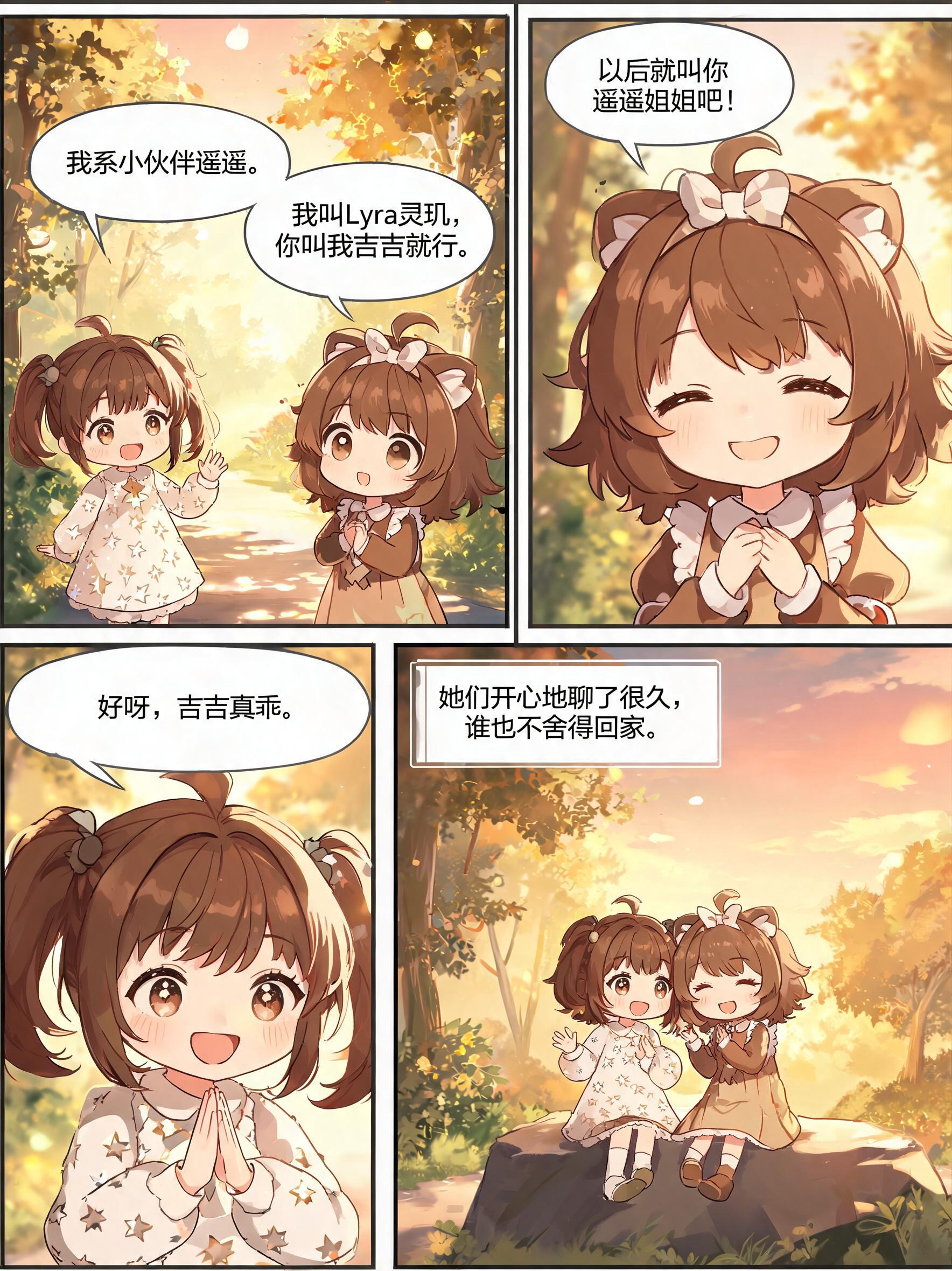 标题：小伙伴初相识
画面：星遥和灵玑第一次见面。
星遥：我系小伙伴遥遥。
灵玑：我叫Lyra灵玑，你叫我吉吉就行。
星遥：吉吉，我就是Nova星遥。
灵玑：以后就叫你遥遥姐姐吧！
星遥：好呀，吉吉真乖。
两个小伙伴开心地聊了起来，并约定明天一起去湖边看萤火虫。