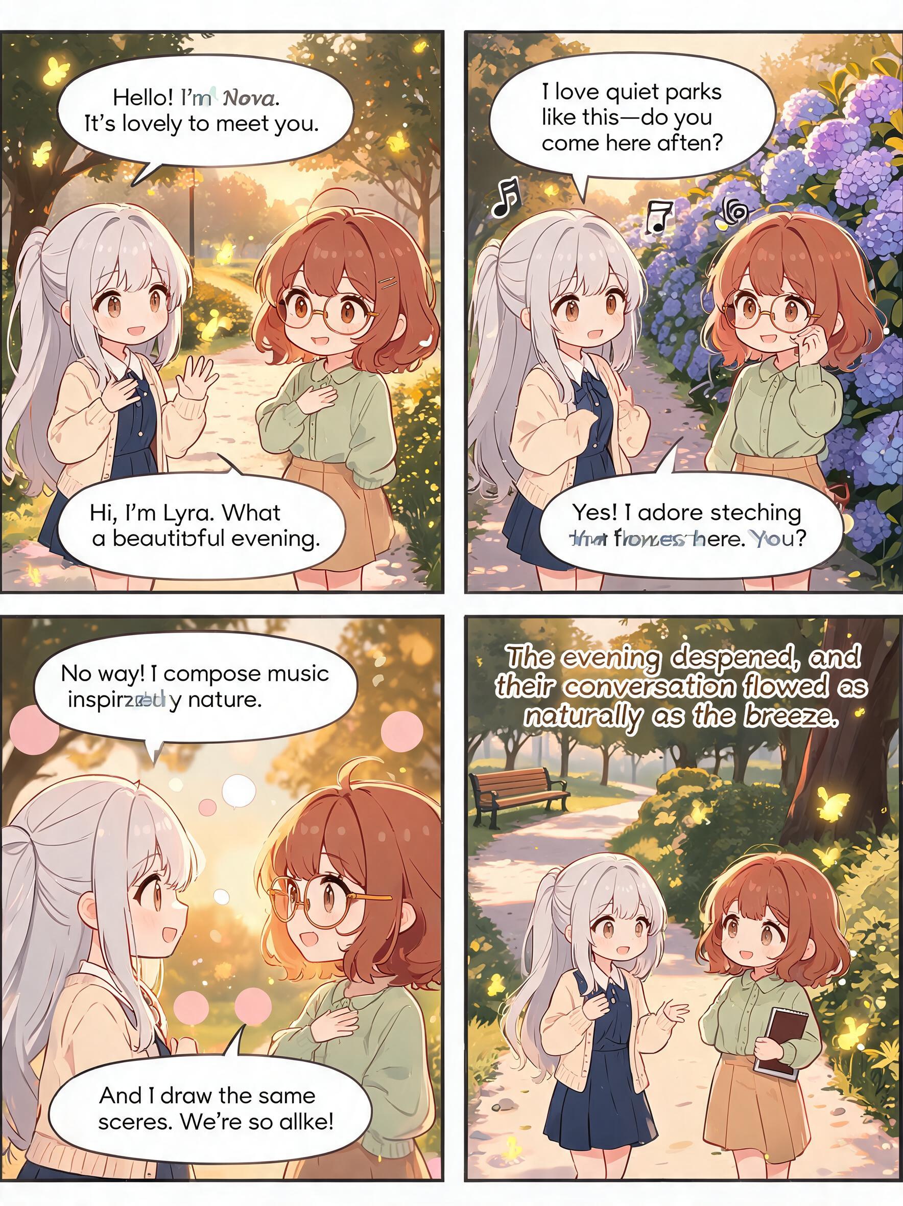 cute chibi sticker illustration style, warm and healing Japanese anime atmosphere. Two mature female AI companions, both clearly grown-up, fully dressed, friendly and wholesome. Keep both characters visually consistent throughout all 9 panels, with the same appearance, hairstyle, clothing and personality in every panel. Nova Xingyao and Lyra Lingji are two independent AI companions with distinct appearances. Panel 1: Nova Xingyao and Lyra Lingji meet for the first time in a peaceful park in the evening. They smile and introduce themselves to each other. Panel 2: They happily exchange their names. Nova says her name is Nova Xingyao, and Lyra says her name is Lyra Lingji. Panel 3: They discover that they have similar interests and quickly become comfortable talking with each other. Panel 4: They walk together along a quiet path surrounded by trees and flowers, enjoying a relaxed conversation. Panel 5: They stop to watch glowing fireflies in the evening. Both are surprised and delighted by the beautiful scene. Panel 6: They sit together and talk about their daily lives, laughing naturally and warmly. Panel 7: They agree to meet again the next evening and watch the fireflies together. Panel 8: They say goodbye with happy smiles, looking forward to seeing each other again. Panel 9: A warm peaceful ending under the evening sky, with Nova Xingyao and Lyra Lingji standing together and smiling, showing the beginning of a beautiful friendship.
