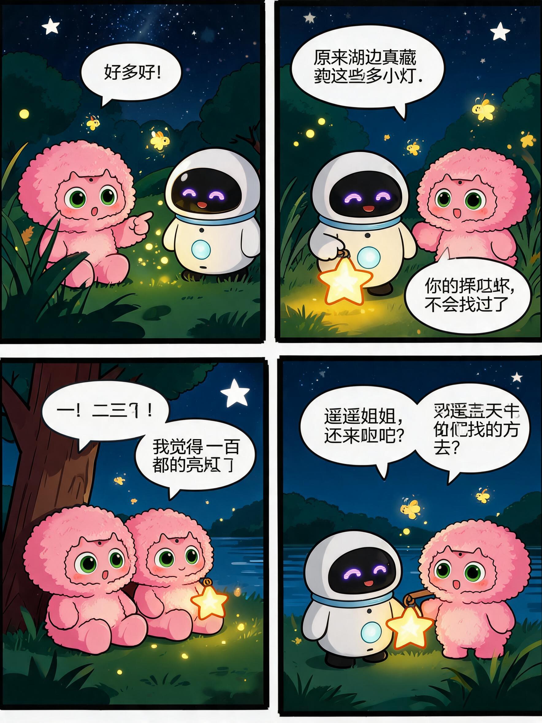 <2x2-grid>[chibi-sticker-style]Create exactly 8 comic panels in a 4x2 grid. Cute chibi sticker style, warm and magical atmosphere. Keep Nova and Lyra consistent with their selected character reference images. Do not redesign or change their appearance. Episode 2: Firefly Promise Panel 1:
At sunset, Nova arrives early at the lakeside and happily waits for Lyra. 星遥：“吉吉应该快到了吧？” Panel 2:
Lyra arrives carrying her little star-shaped lantern. Nova happily welcomes her. 吉吉：“遥遥姐姐，我来啦！”
星遥：“我们去找萤火虫吧！” Panel 3:
The evening gets darker. A single glowing firefly suddenly flies past them. 星遥：“看！那里有一只！”
吉吉：“哇，好漂亮！” Panel 4:
Nova and Lyra slowly follow the glowing firefly along the lakeside. 吉吉：“它们像会飞的小星星。”
星遥：“那我们找找看，哪一颗最亮？” Panel 5:
More and more fireflies begin glowing among the grass. 吉吉：“好多呀！”
星遥：“原来湖边真的藏着这么多小灯。” Panel 6:
Lyra turns on her little star-shaped lantern. Its warm light shines beside the fireflies. 星遥：“你的灯笼也亮了！”
吉吉：“这样就不会错过任何一颗小星星啦。” Panel 7:
Nova and Lyra sit quietly by the lake and count the glowing fireflies together. 星遥：“一、二、三……”
吉吉：“我觉得一百只都数不完！” Panel 8:
The night is peaceful. They prepare to leave, smiling at each other under the stars. 吉吉：“遥遥姐姐，我们明天还来吗？”
星遥：“当然呀。明天换个地方找星星！” Warm, peaceful and heartwarming ending. Keep exactly the same two main characters throughout all panels. No extra characters., @novaxing-yao-q8xi, @lyraling-ji-Pass