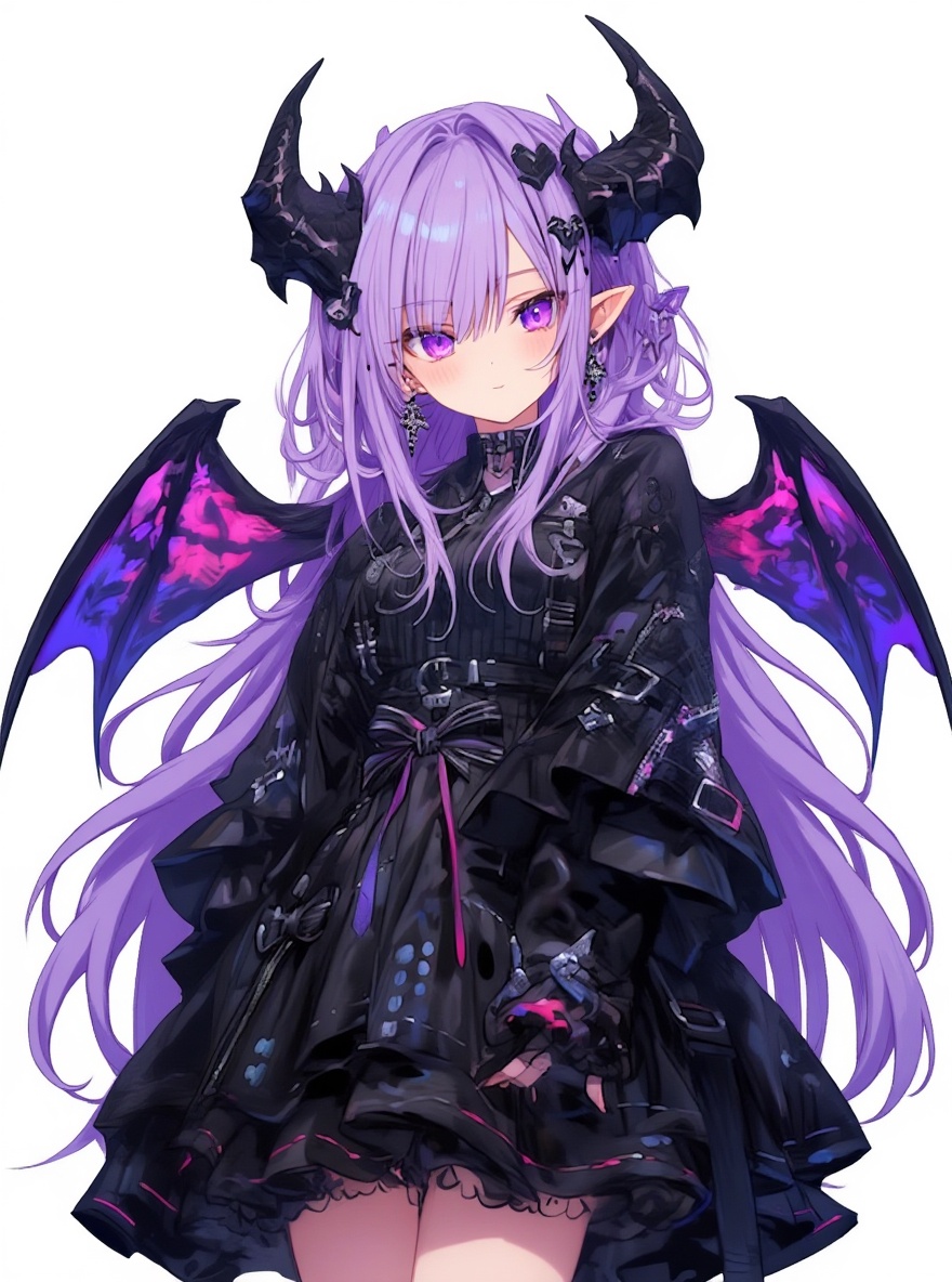 1girl, anime-girl-with-purple-dragon-her-head_1095710-10157[1], long lavender hair, bangs, intense purple eyes, dark pointed horns, ears, dangling earrings, membranous wings, neon purple and pink, subtle blush, gothic street fashion, black dress coat, silver details, waist bow, ruffles, layered clothing, iridescent wings, teenage, curvy, demon, Genshin Impact style, cel shading, anime coloring, single character, full body, looking at viewer, anime style, simple background, white background
