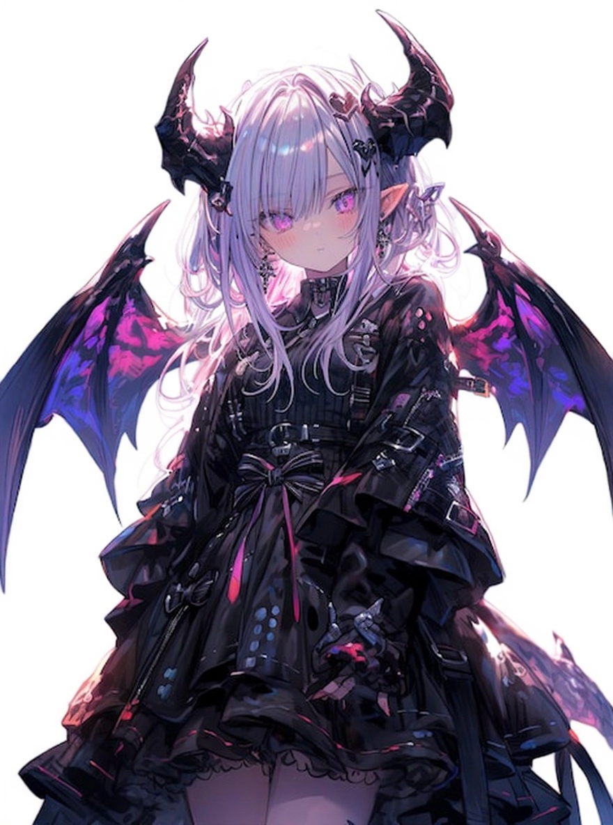 1girl, anime-girl-with-purple-dragon-her-head_1095710-10157[1], long lavender hair, bangs, intense purple eyes, dark pointed horns, ears, dangling earrings, membranous wings, neon purple and pink, subtle blush, gothic street fashion, black dress coat, silver details, waist bow, ruffles, layered clothing, iridescent wings, teenage, curvy, demon, Genshin Impact style, cel shading, anime coloring, single character, full body, looking at viewer, anime style, simple background, white background