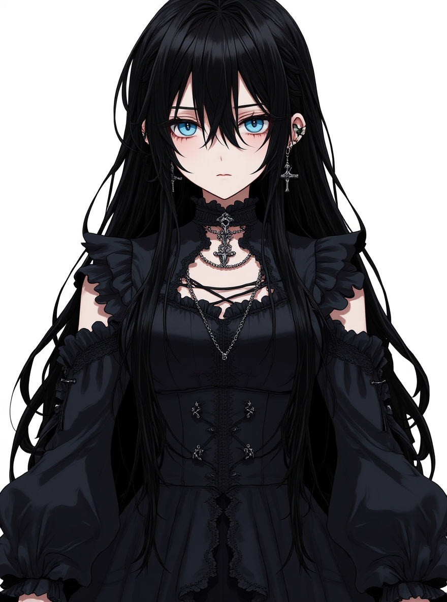 1girl, fae939a4a0908871b433e23110356e53[1], long straight black hair, strands covering part of eyes, light blue eyes, predominantly black clothing, gothic alternative style, puffy sleeves, lace or ruched details on shoulders, high collar, multiple necklaces, chain and cross pendants, cross earrings, black hair bow, serious expression, introspective demeanor, single character, full body, looking at viewer, anime style, simple background, white background