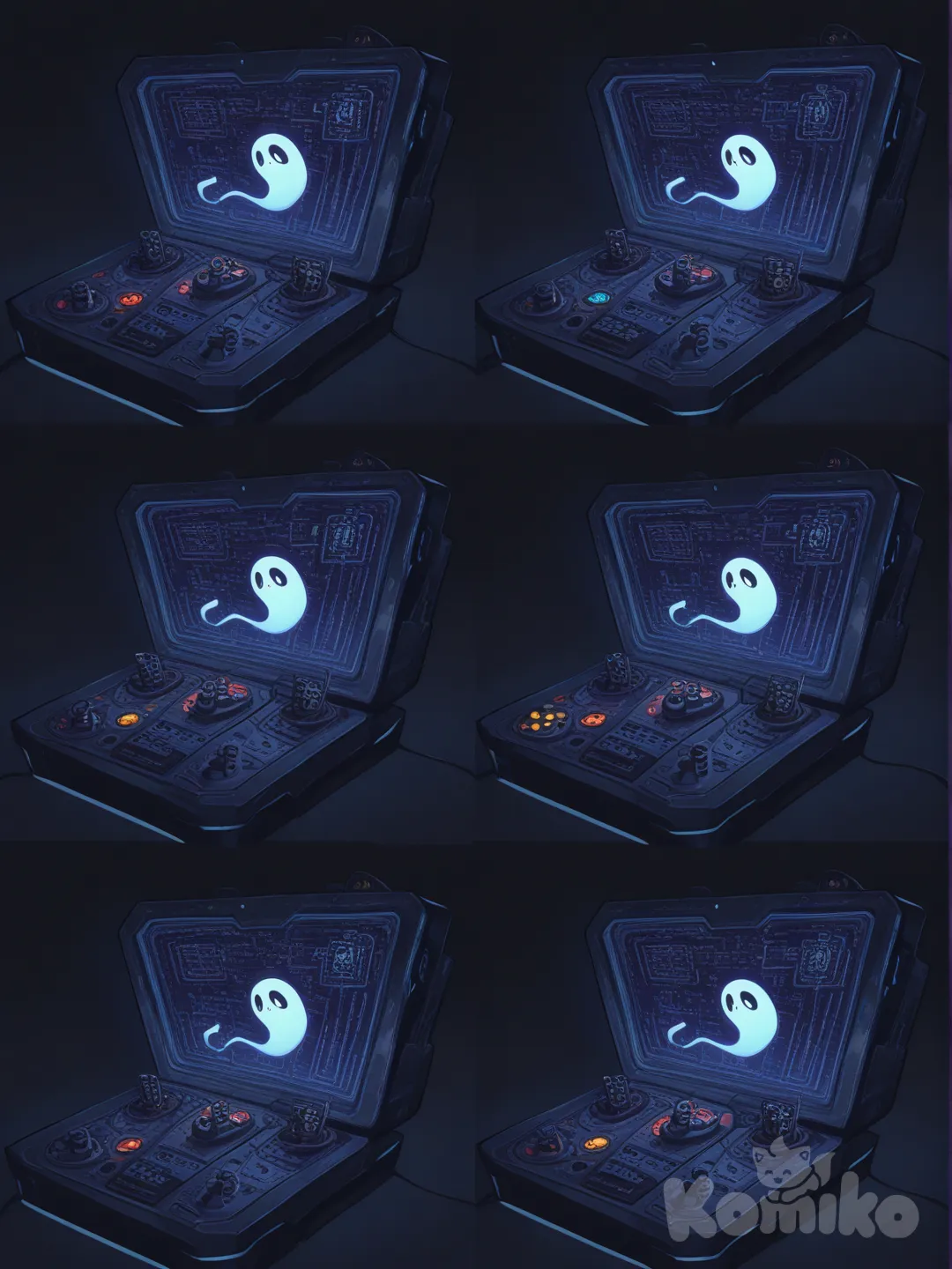 A mysterious, shadowy figure known as JoystickPhantom, combining elements of both digital and supernatural. The phantom is semi-transparent, glowing faintly with digital patterns across its ethereal body. It holds an old-school arcade joystick in one hand, with neon lights flickering around it. The background is a dark, neon-lit cyberpunk city with glowing skyscrapers and a digital skyline, giving off a mysterious and otherworldly vibe, blending retro gaming and futuristic technology, closeup, upper body, multiple views