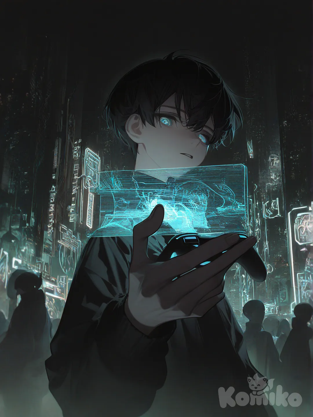 A ghostly, translucent hologram male phantom figure holding a glowing joystick in its hands. The phantom has an ethereal, vapor-like appearance, with soft, swirling mist trailing behind it. The joystick is futuristic, sleek, with neon-colored buttons. The background is a dark, moody, cyberpunk cityscape with neon lights and digital billboards, creating a contrast between the phantom's ghostly form and the modern technology, closeup, upper body, multiple views, side profile photo, front profile photo, [high-contrast-glossy-style]