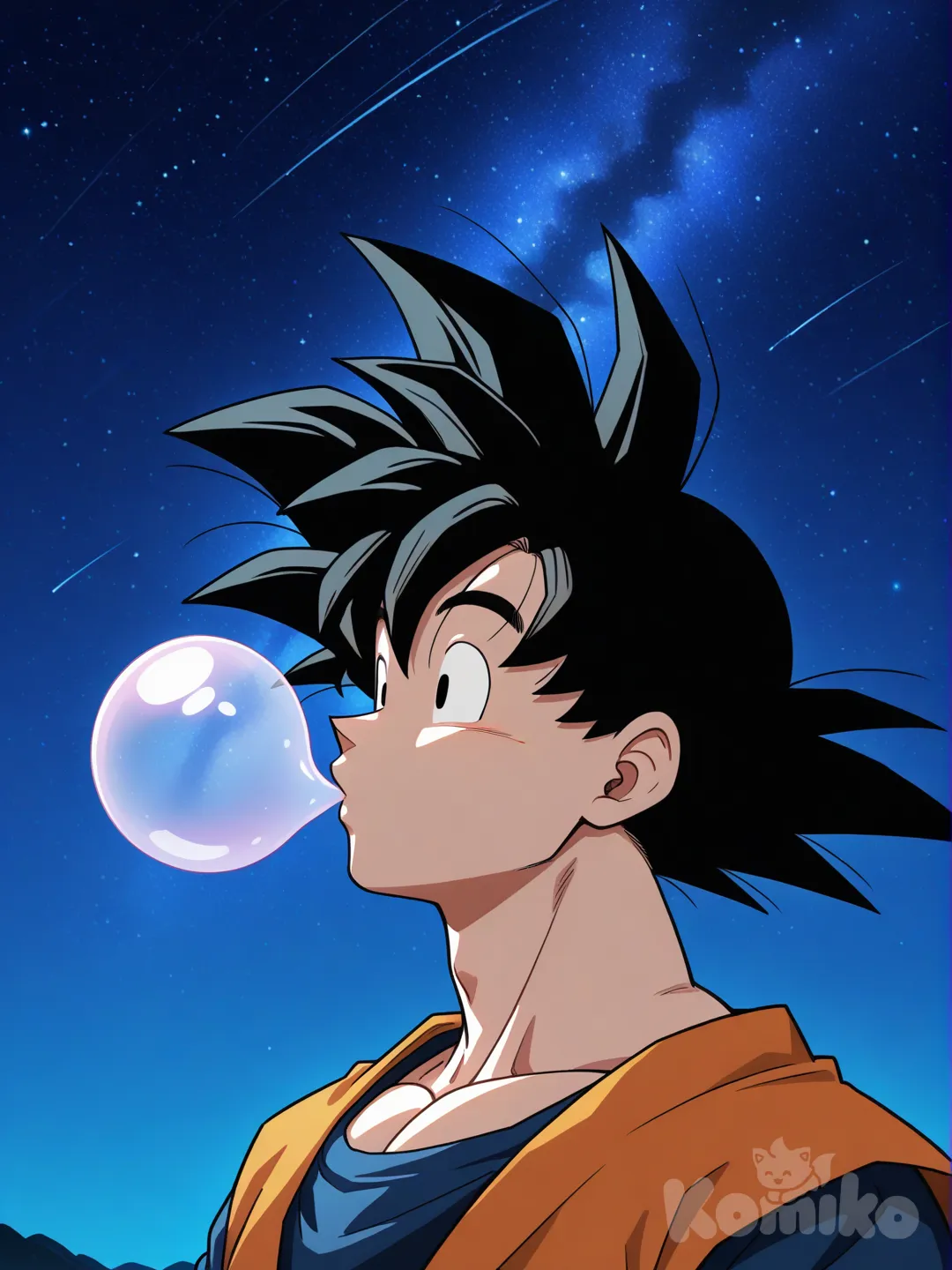 blowing bubbles, son goku, night