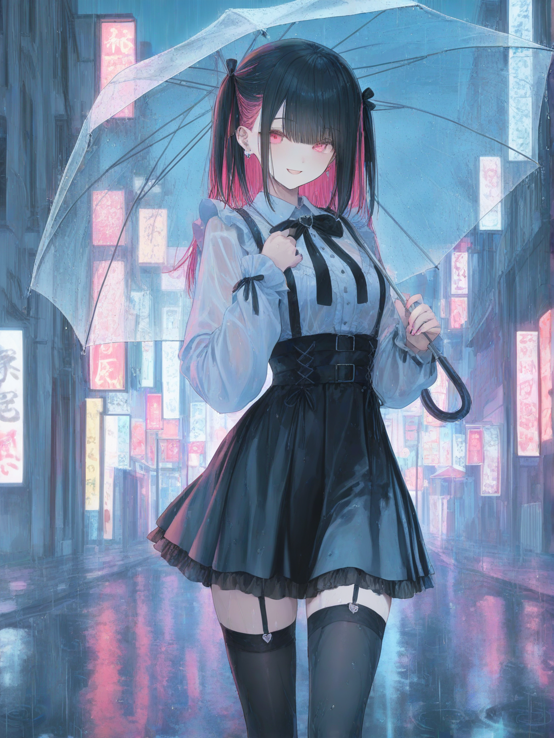 has two-tone hair (half black, half pink), pink eyes, slender build, wearing a dark pastel Jirai Kei outfit with with thigh-highs, holding clear umbrella, rain day city, cute smile, [sweet-pastel-style] smile having fun