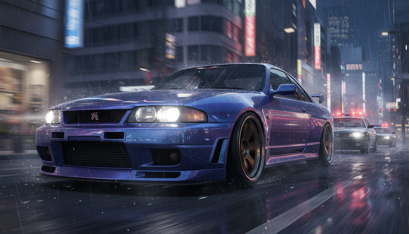 Nissan Skyline r33, blue/purple , with glossy bronze wheels, anime style, in Tokyo at night, rain slicked streets, cinematic, 8k, motion blur, zoomed in , closeup, focus Nissan Skyline r33, getting chased by cops, cops are behind