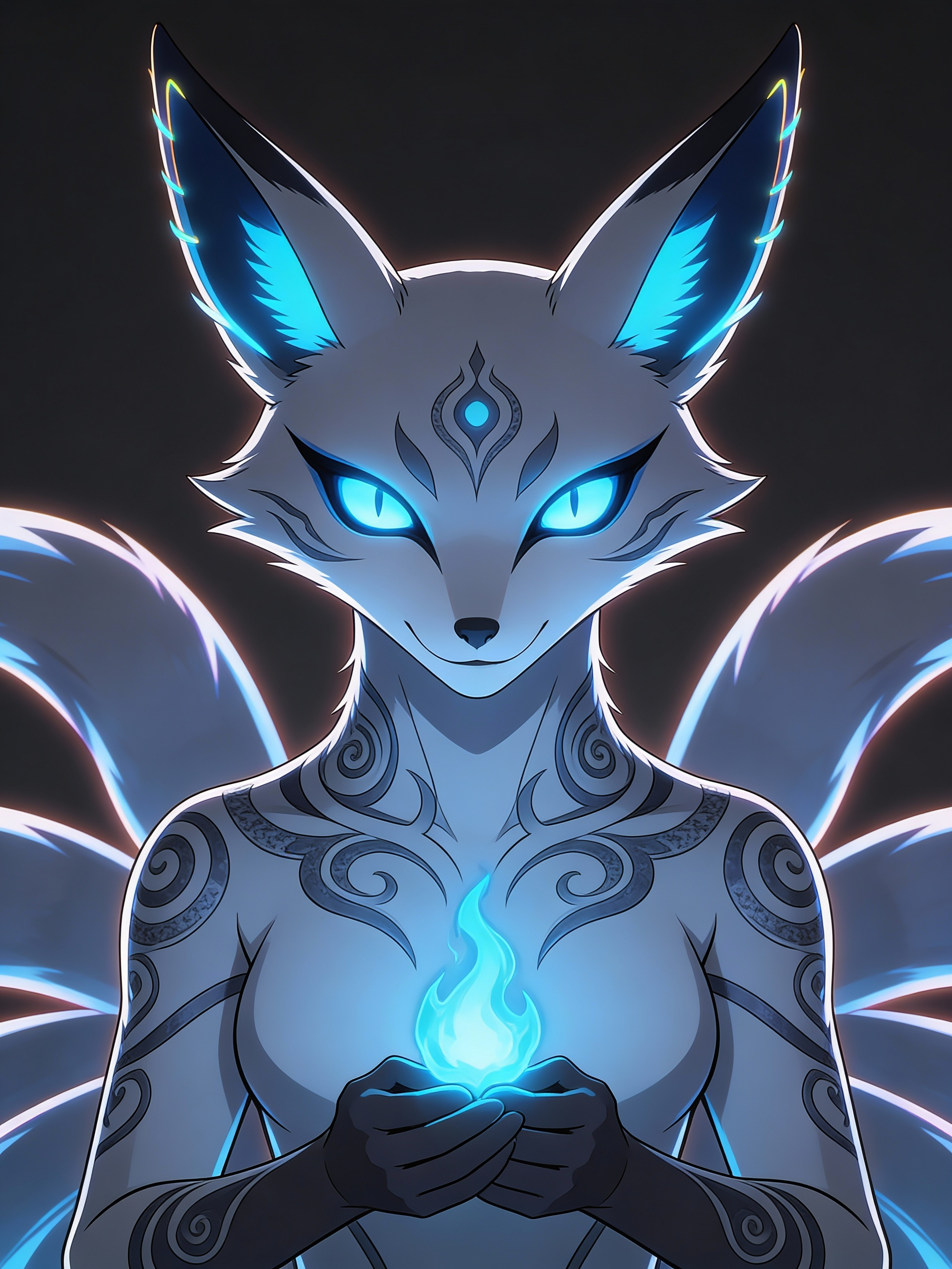 Stylized anime nine-tailed fox–gremlin–kitsune hybrid, sleek fantasy creature, medium head with smooth mystical features, large glowing neon blue eyes, sharp yet elegant fox-like ears with subtle neon highlights, no wings, nine flowing tails fanned behind, smooth grey and charcoal body with mystical markings. Calm, confident, slightly mischievous expression. Holding a small neon blue magical flame between its paws. Dark neutral background with soft neon rim lighting, centered composition for Discord profile picture, stylized anime illustration, clean line art, smooth shading, subtle neon glow, high detail, mystical and sleek aesthetic, reminiscent of Naruto’s Nine-Tails., closeup, portrait, upper body, headshot